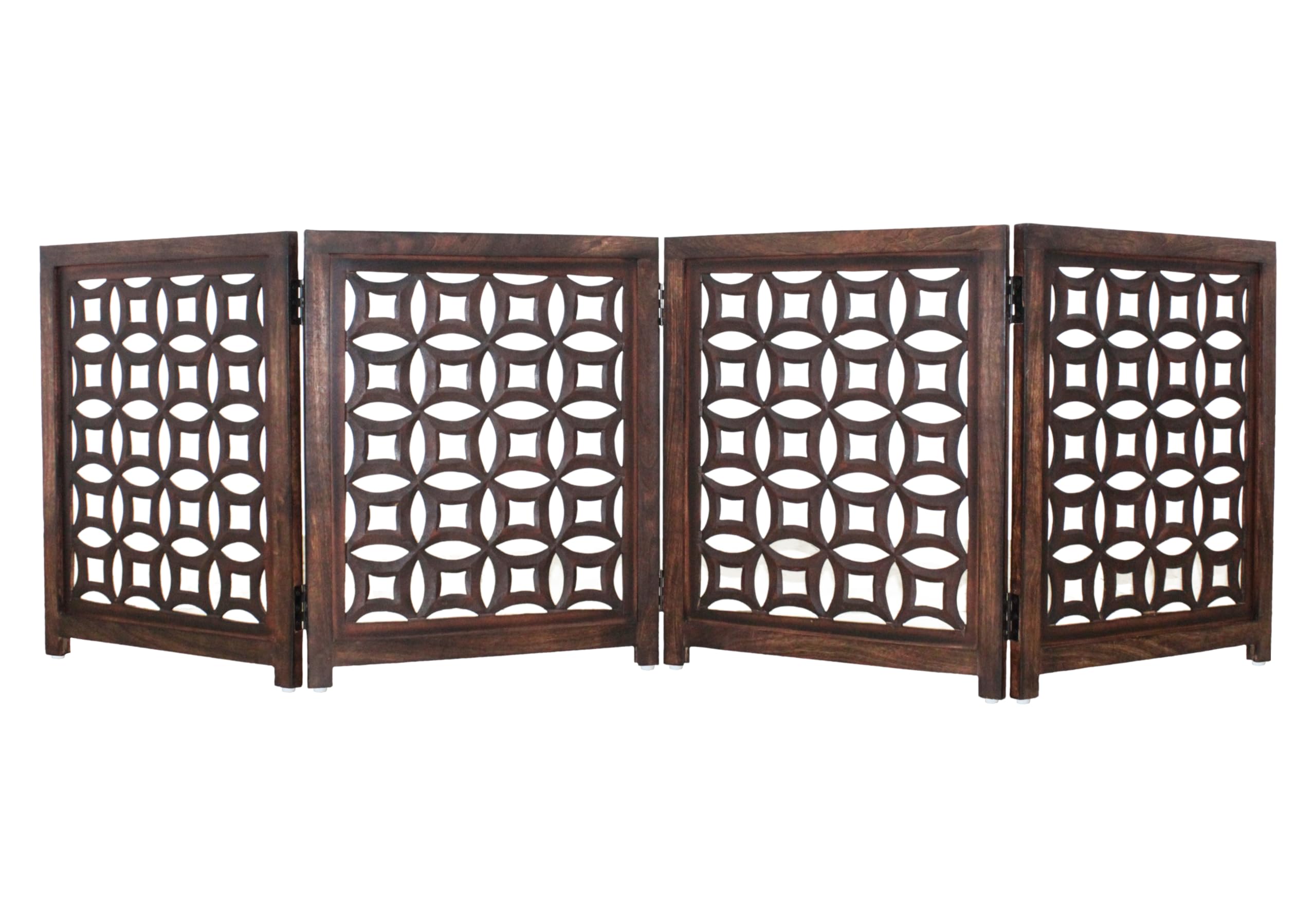 Wooden Foldable Pet Dog Safety Gate -4 Panels 20''Wx24''H- Hand Carved Solid Wood And Mdf - Free Standing Portable Indoor Doorwa