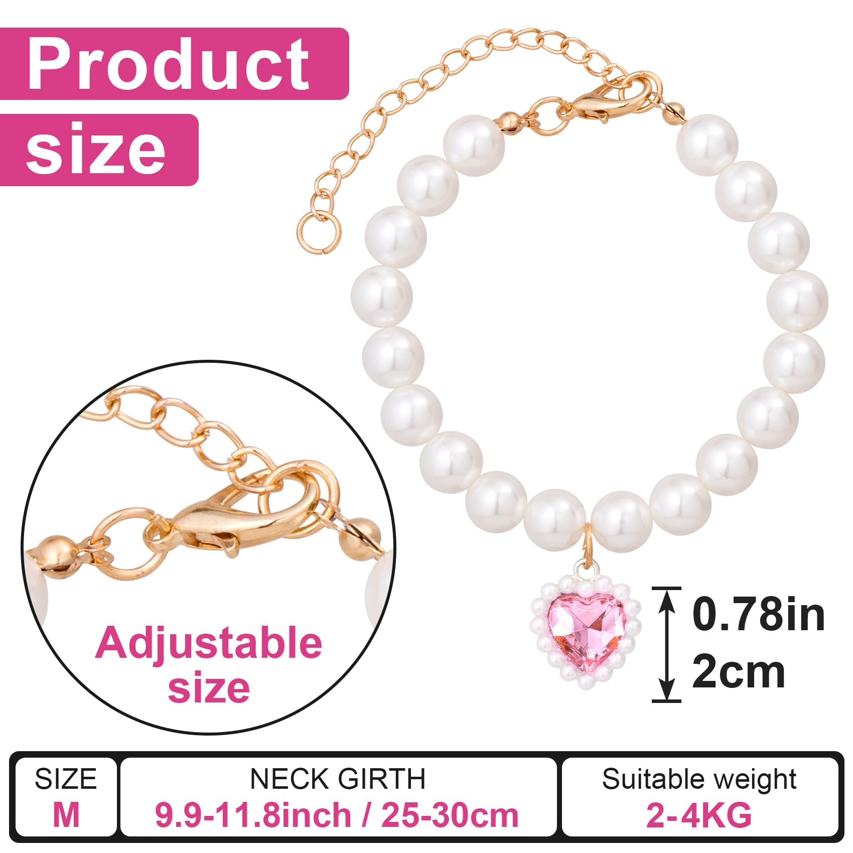 Mxxipp Cat Pearl Collar With Heart Pendant, Cute Pearl Pet Necklace In Medium, Adjustable Wedding Party Small Dog Jewelry Access