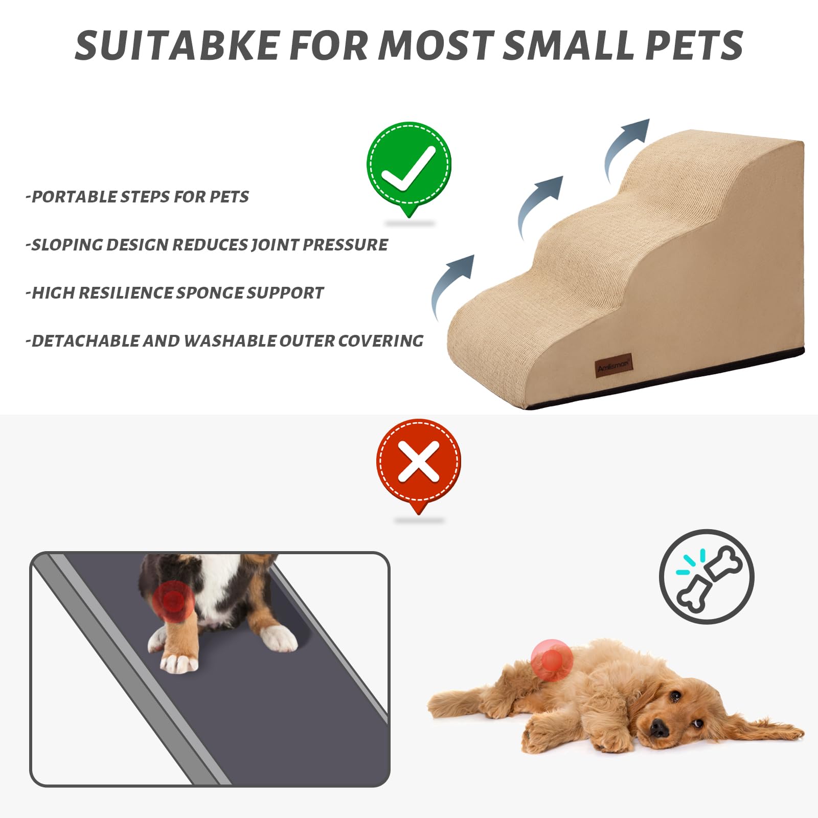Aodisman 3-Step Dog Ramp and Stairs for Sofa and Chair - Non-Slip Sturdy Pet Steps for Small Dogs and Cats,15.7 H,Khaki