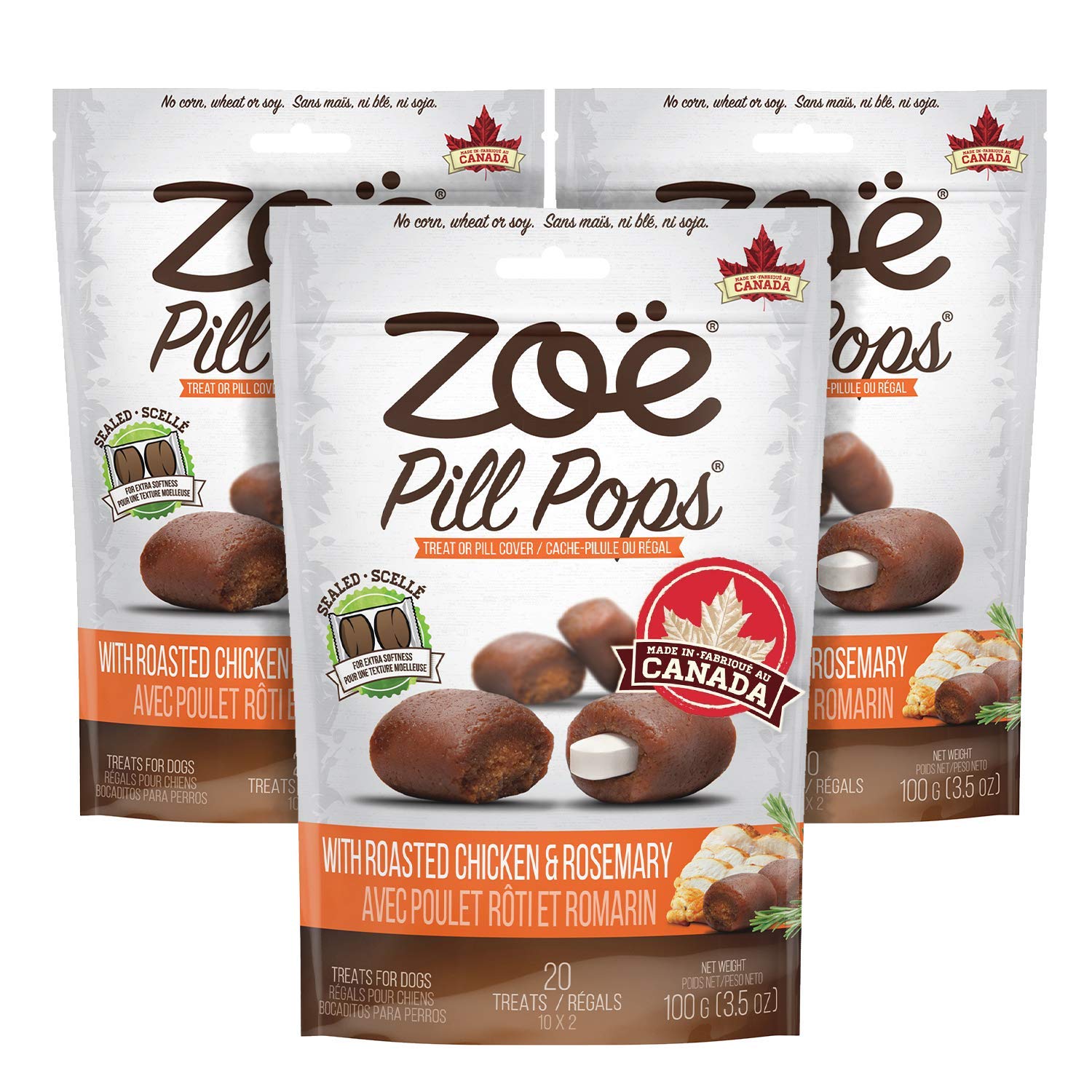 Zoe Zo Pill Pops for Dogs, Roasted Chicken with Rosemary Recipe, 3 Pack - All Natural Healthy Dog Treats to Hide Medication