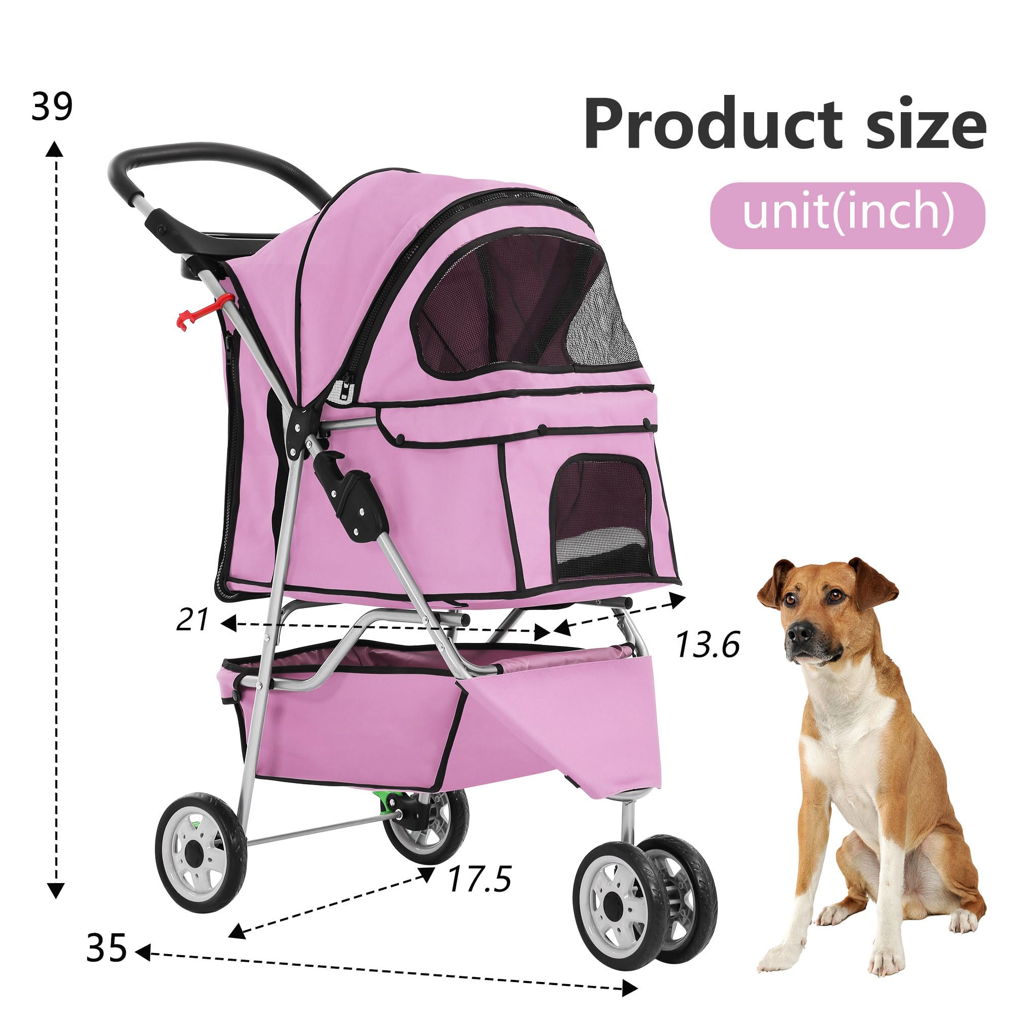 FDW 3-Wheel Pet Stroller Foldable Dog Cat Jogger Stroller Durable Travel Folding Carrier with Storage Basket Cup Holder,Peach Pi