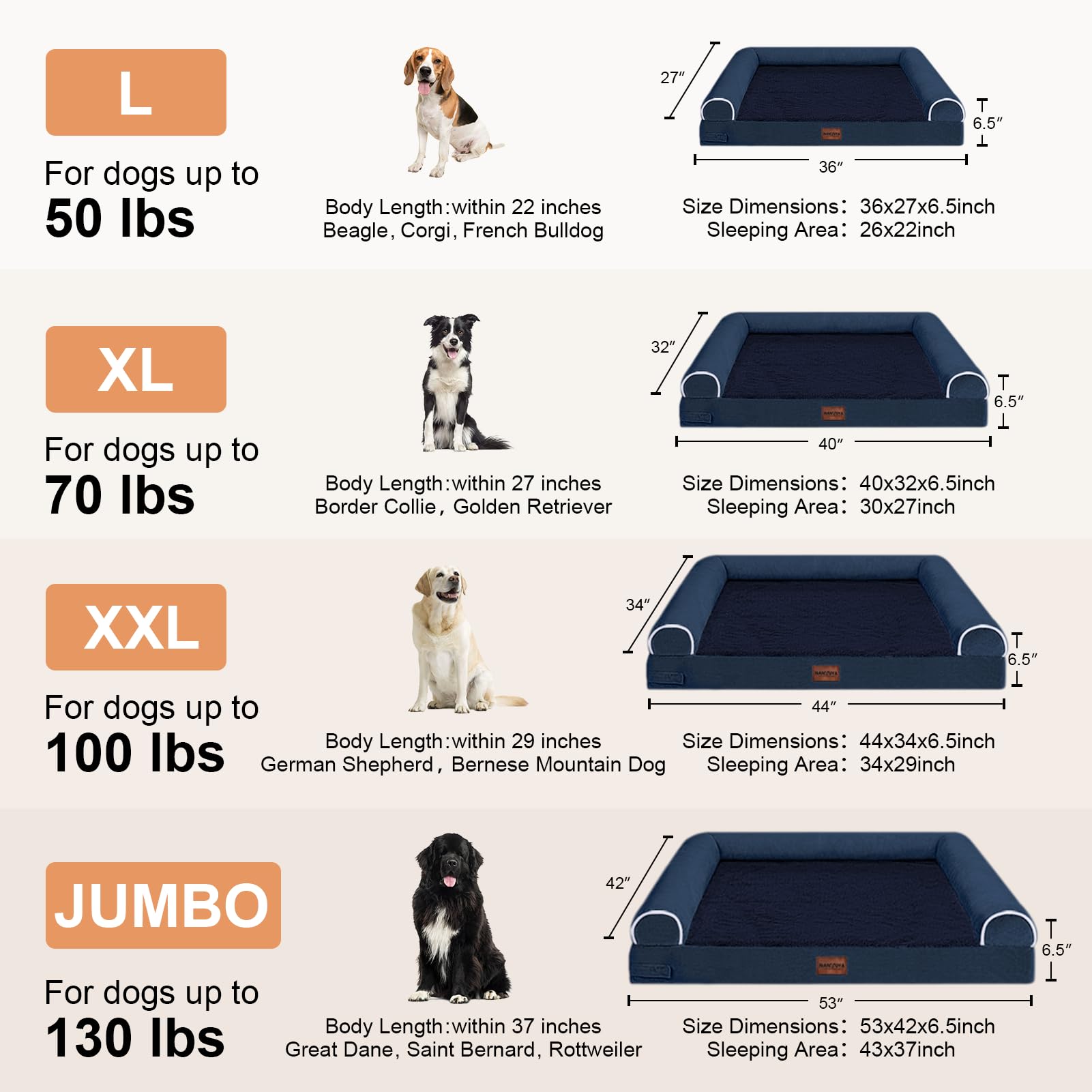Large Dog Bed Orthopedic Washable: Beds Bolster Xl Bed Big Xlarge Dogs Memory Foam Sofa Couch Waterproof Removable Cover - Navy Blue