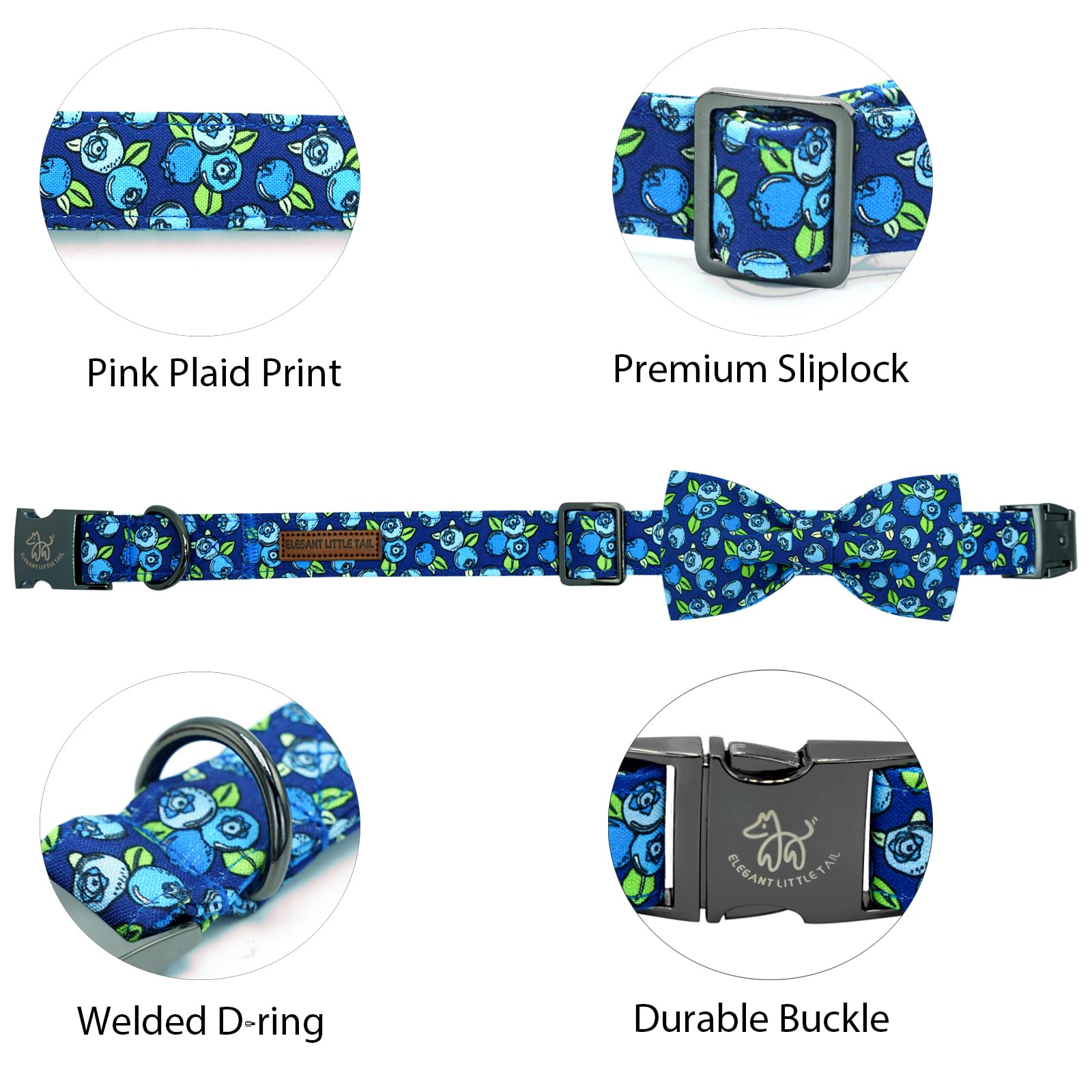 Elegant Little Tail Dog Collar- Cute Blueberry Dog Collar With Bow For Large Dogs, Male Adjustable Cotton Summer Pet Bow Holiday