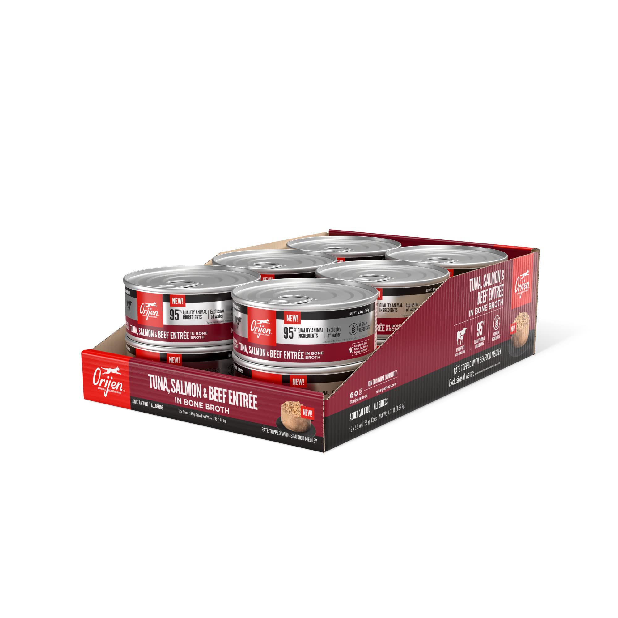 ORIJEN Premium Pate Wet Cat Food in Bone Broth Tuna Salmon & Beef Entr  e 5.5oz Cans (12 Count)