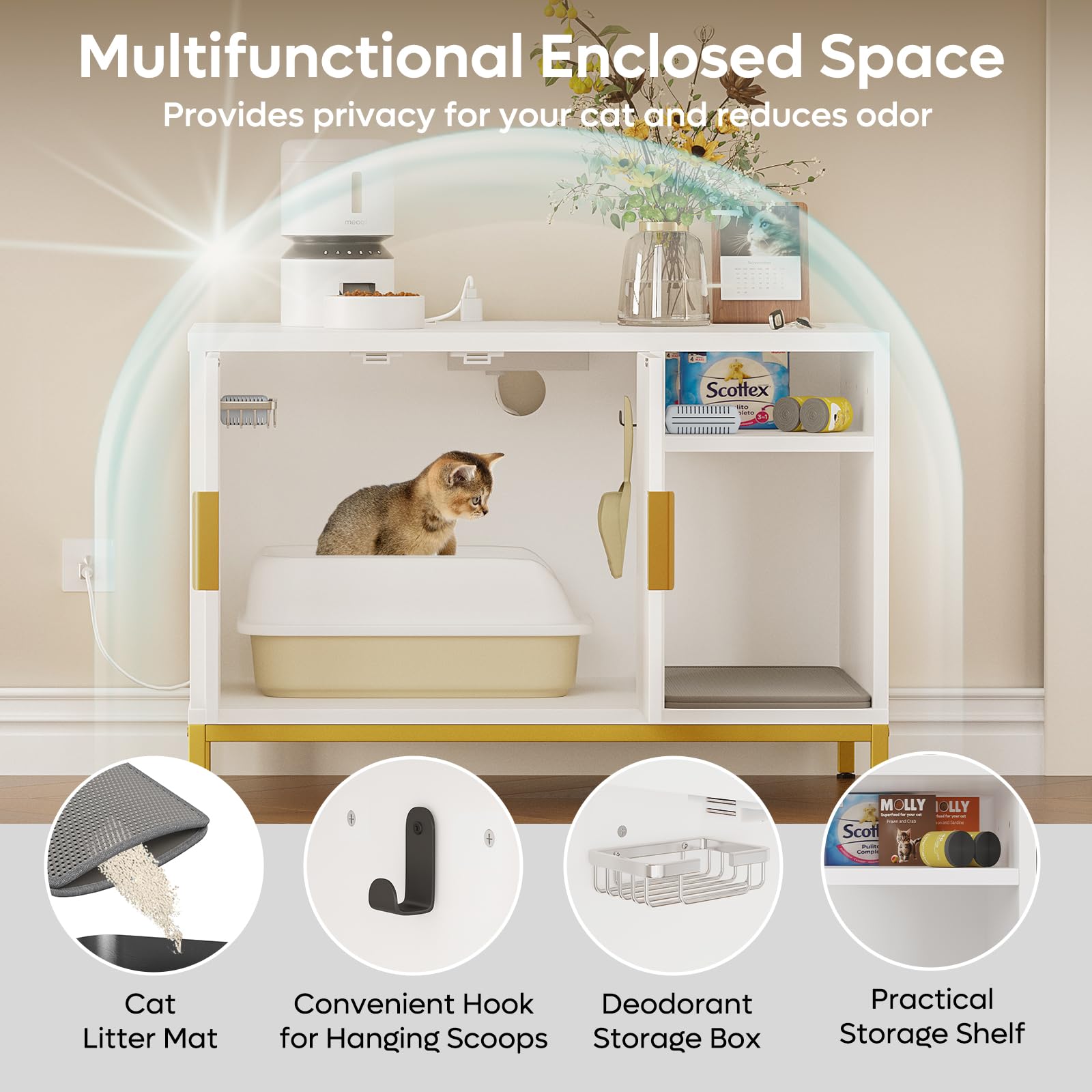 Bestier Cat Litter Box Enclosure - Glossy White & Gold, Engineered Wood, 31.5" x 19.7" x 21.8", with Power Outlets &