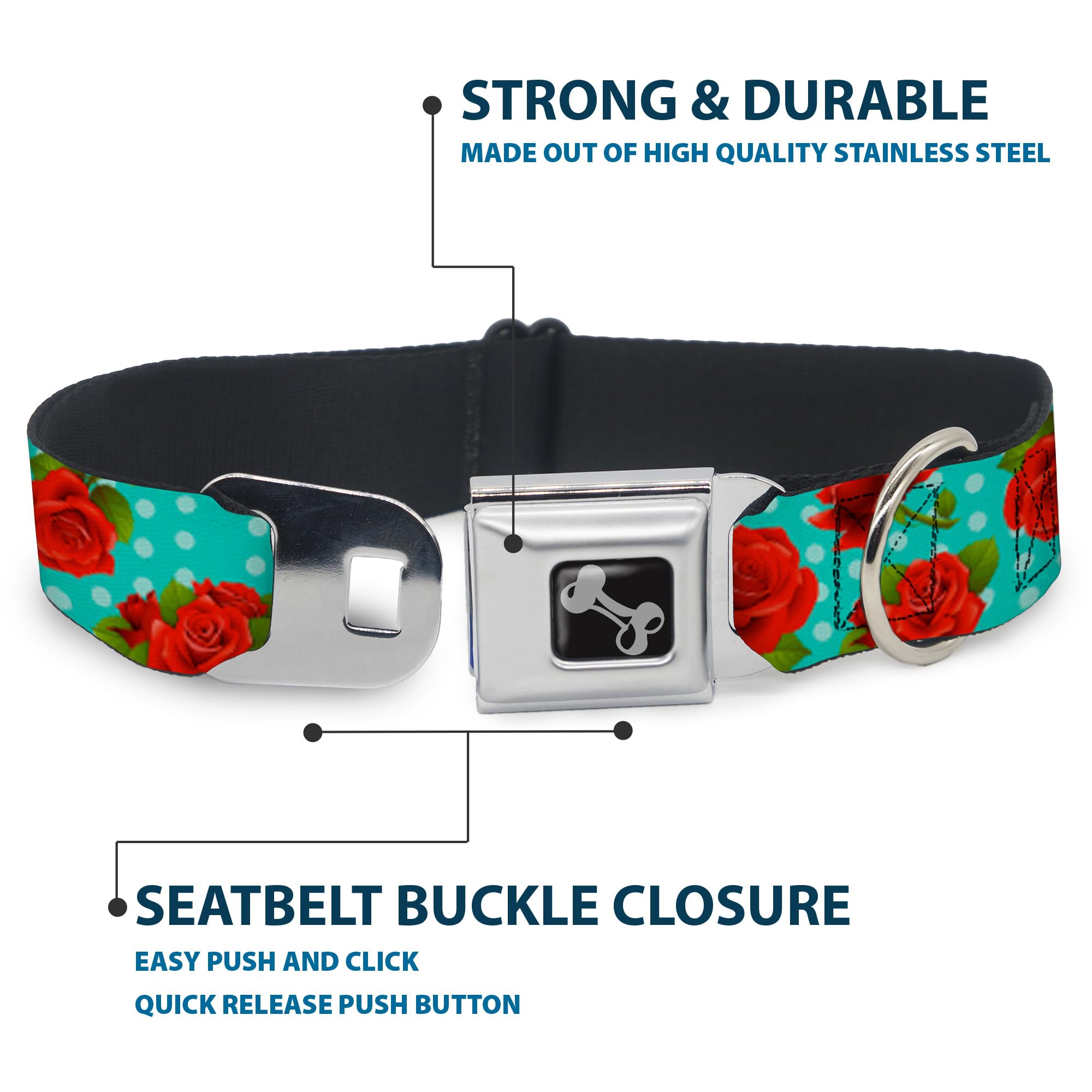 Dog Collar Seatbelt Buckle Red Roses Polka Dots Turquoise 15 To 26 Inches 1.0 Inch Wide