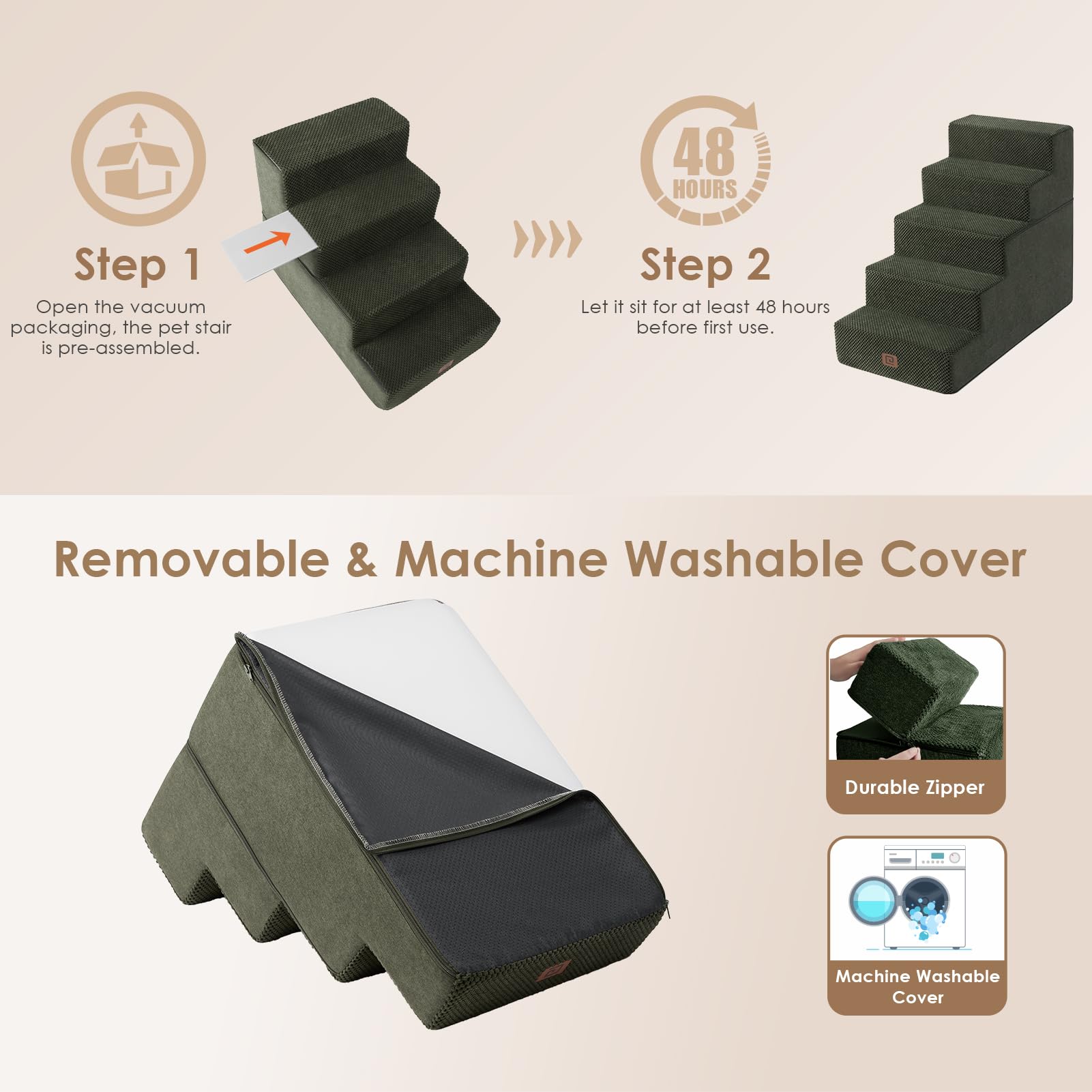 Eheyciga Dog Stairs For High Bed 22.5”H, 5-Step Dog Steps For Bed, Pet Steps For Small Dogs And Cats, Non-Slip Balanced Dog Indoor Ramp, Olive Green