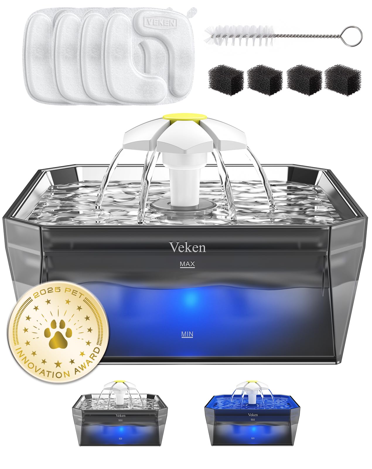 Veken Small Pet-Friendly Cat Water Fountain with Stainless Steel Lid & Quiet Pump, Easy to Clean & Assemble, 50oz Mini Pet Water