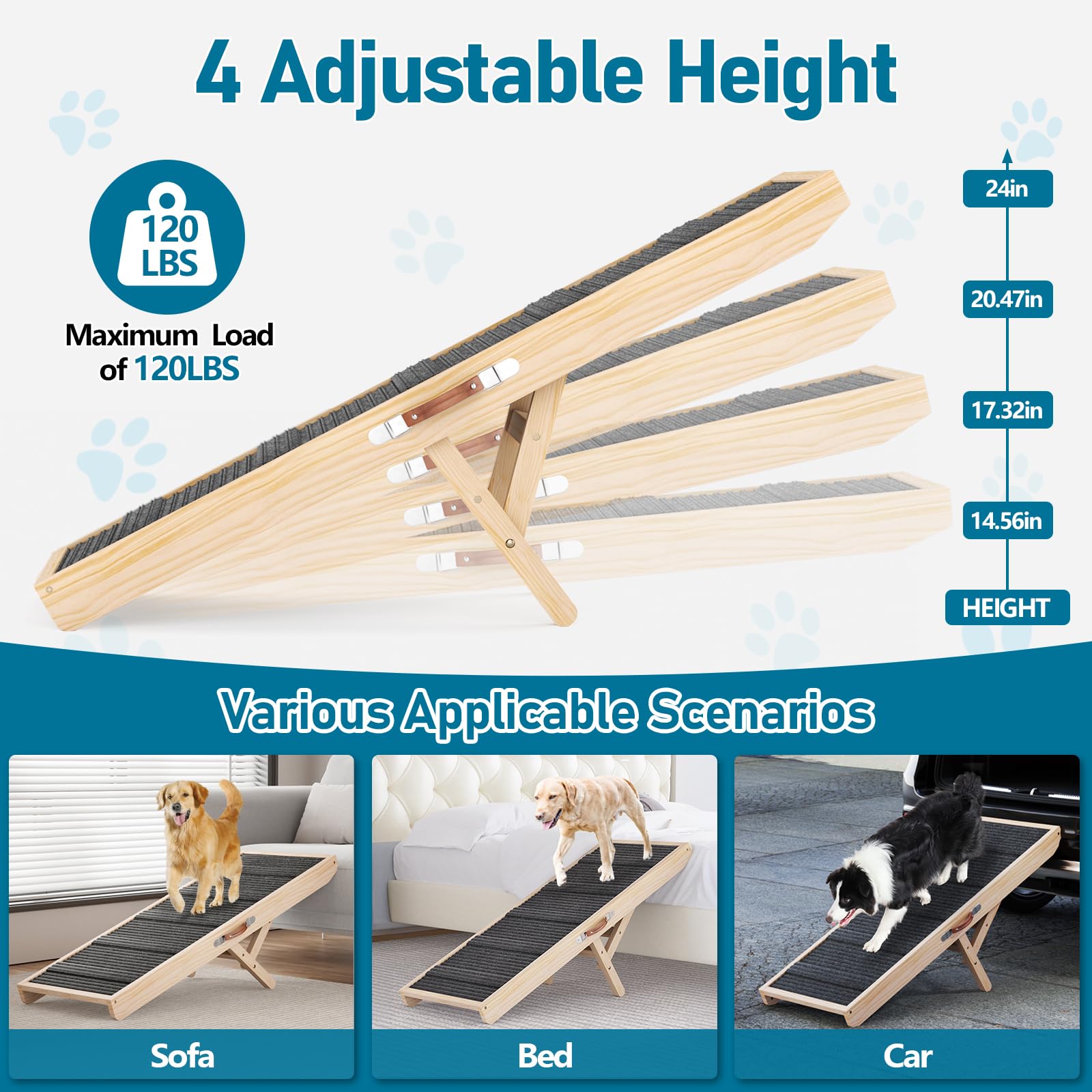 Tresbro Dog Ramp for Bed, 4-Level Adjustable 14.56''-24'', Anti-Slip, Wood, Supports 120LBS for Small to Large Dogs