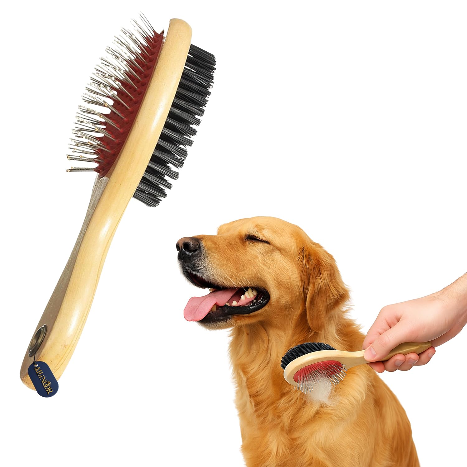 Allinoor Double Sided Pet Brush For Dogs & Cats | Wooden Handle Grooming Brush With One Side Steel Pin Bristles & One Side Soft 