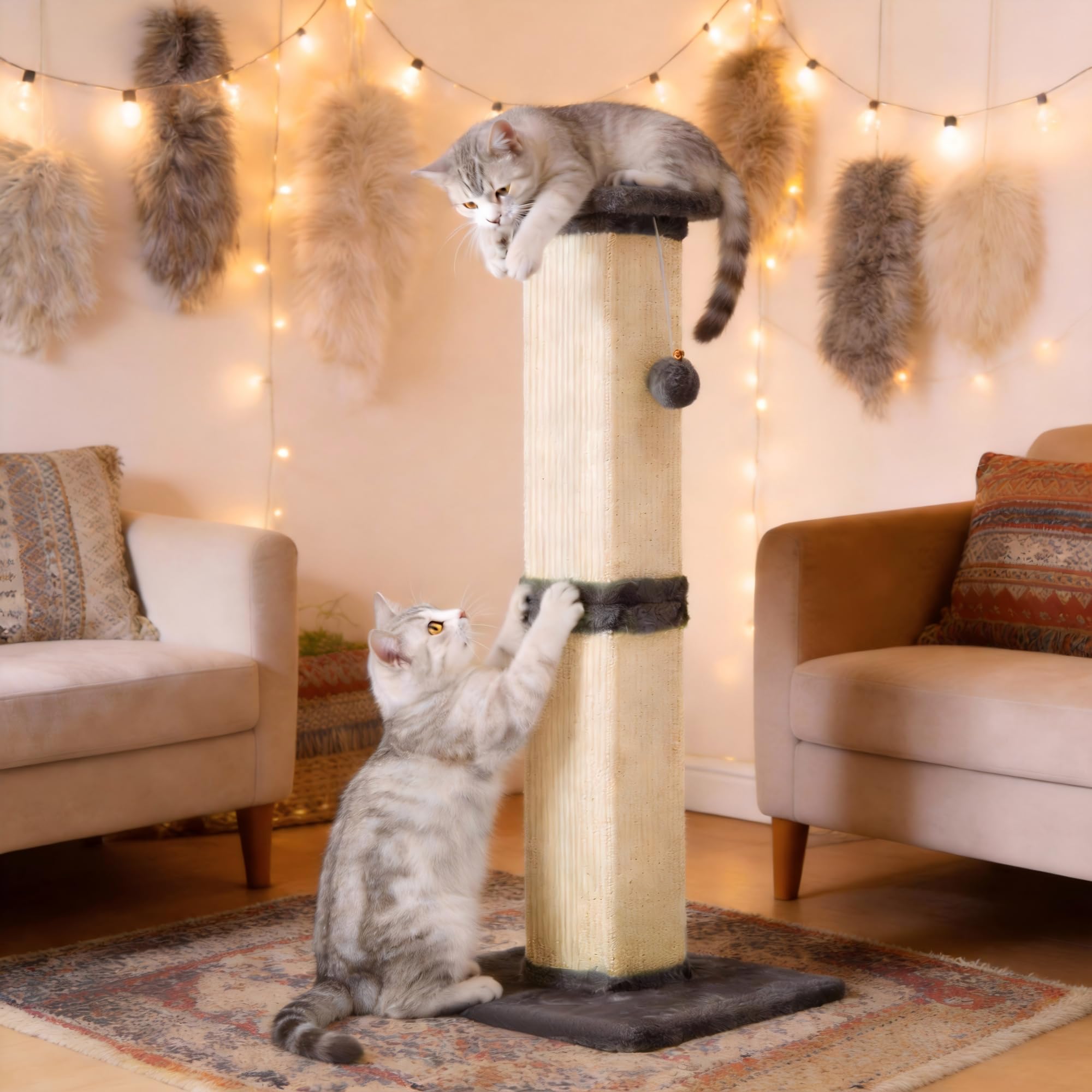 Fansafurn Cat Scratching Post with Hanging Toy Ball, 32-Inch Tall Sisal Cat Scratcher for Indoor Cats, Grey