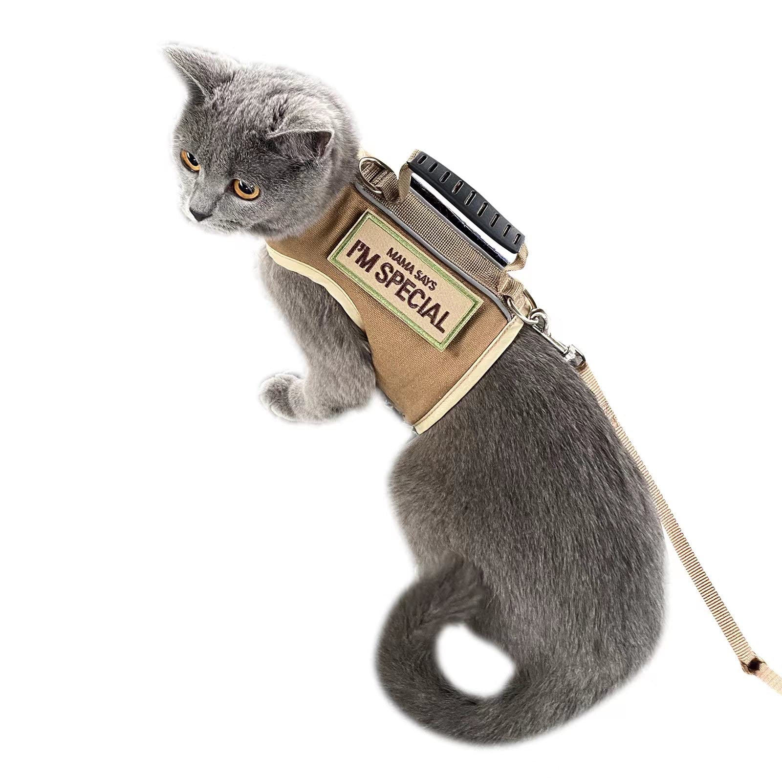 Tactical Kitty Harness And Leash For Walking Escape Proof, Adjustable Kitty Walking Jackets, Padded Stylish Kitty Vest, Khaki, X