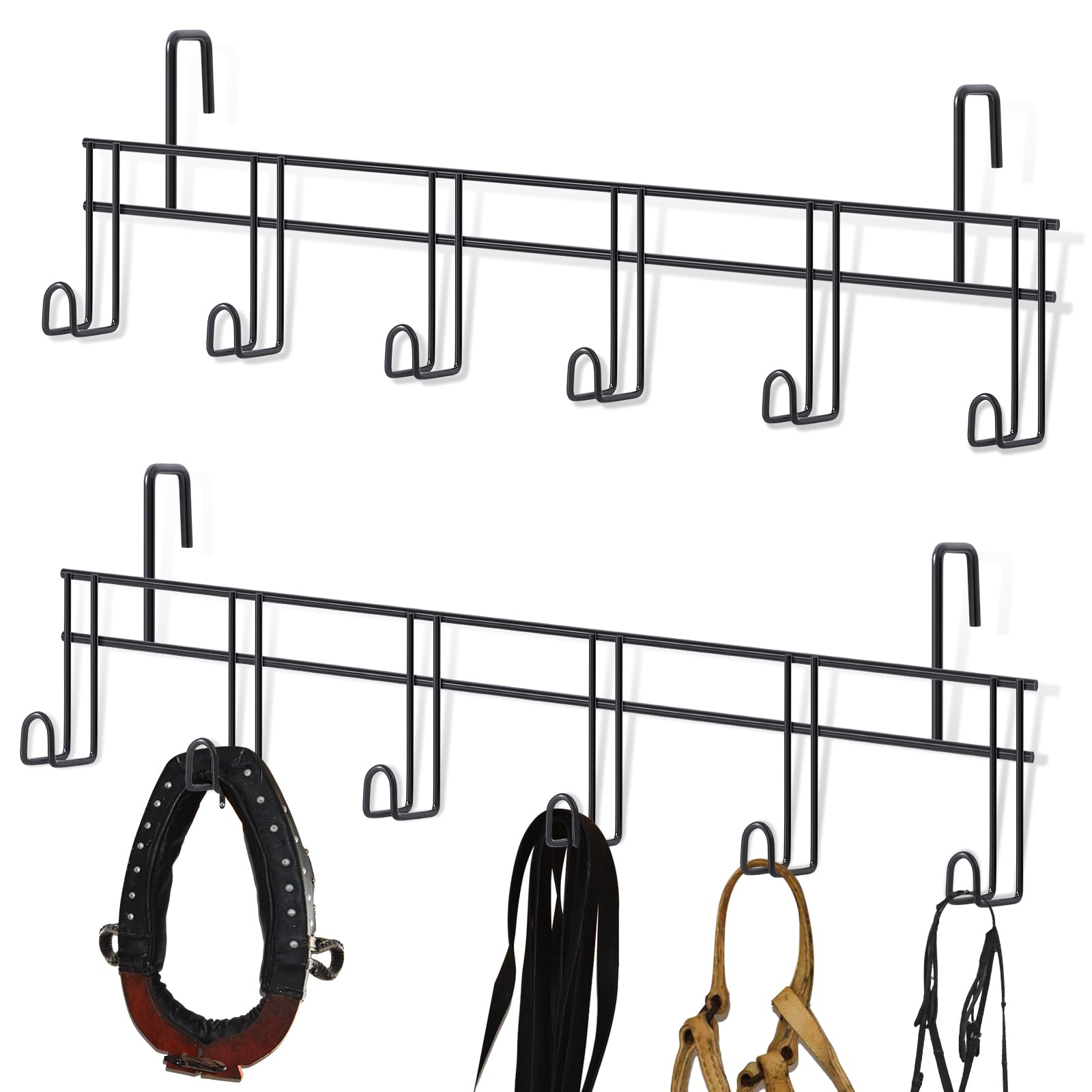 Yaocom 2 Pcs 6 Hook Horse Bridle Hooks Metal Black Tack Bridle Rack with Hangers Room Portable Holder Wall Mount for Horse Halte