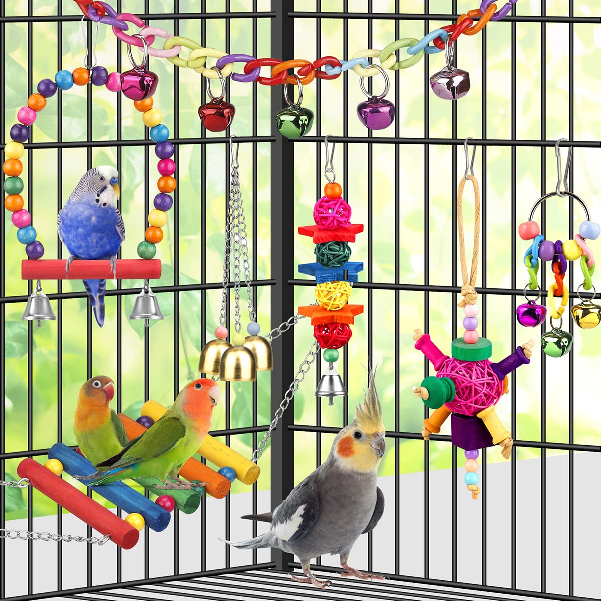 Bird Toys For Conures With Colorful Ladder Hammock Bird Cage Accerious Bird Perch Stand Chewing Toys Hanging Bell For Parrot Par