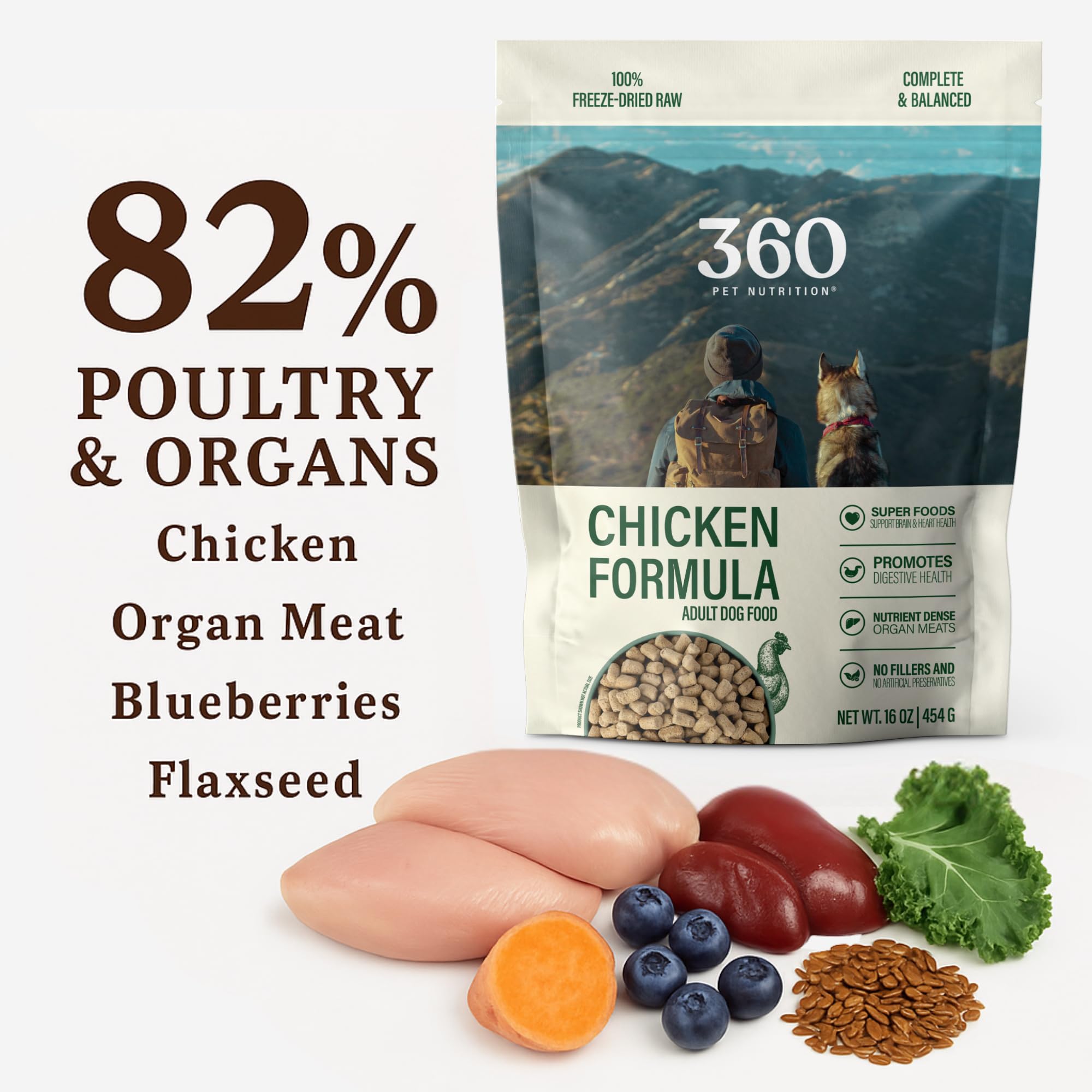 360 Pet Nutrition Freeze-Dried Raw Dog Food, High Protein, Balanced Meal, Chicken, Liver, Heart, Fruit, Veggies, Superfoods, No