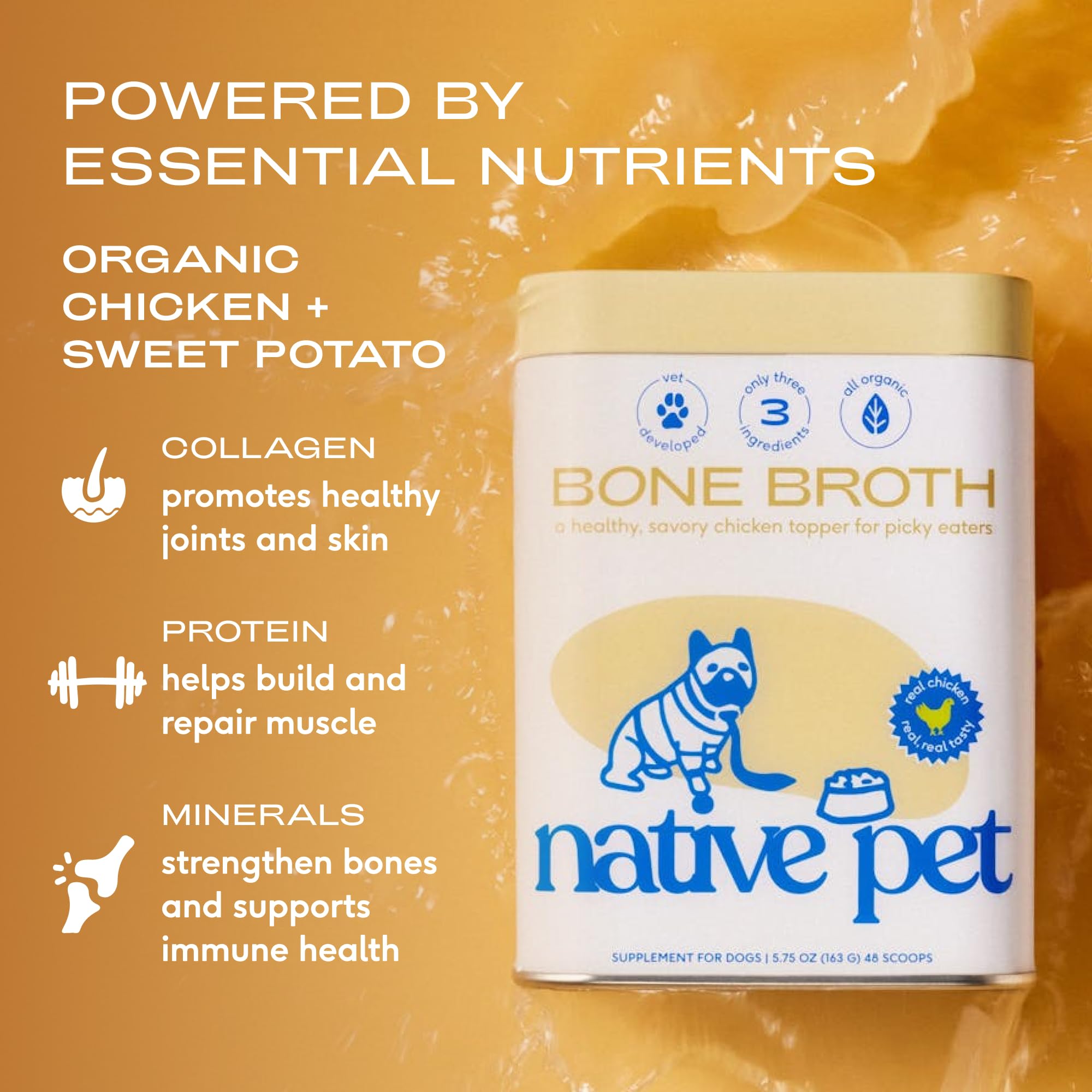 Native Pet Bone Broth for Dogs and Cats - Chicken Bone Broth Powder Dog Food Toppers for Picky Eaters - Provides Extra Nutrition