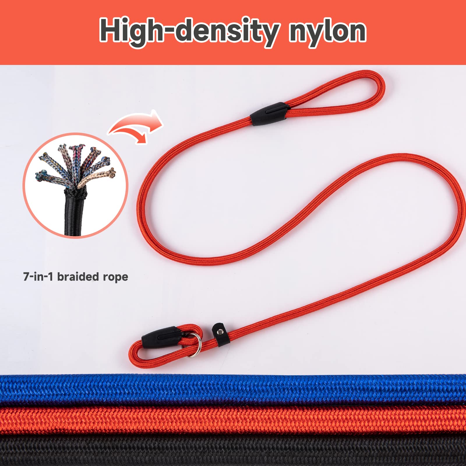 Fovrlzse 3-Pack Heavy-Duty Nylon Adjustable Slip Leads For Dogs - Red, Black, Blue - Adjustable, Durable & Night-Safe