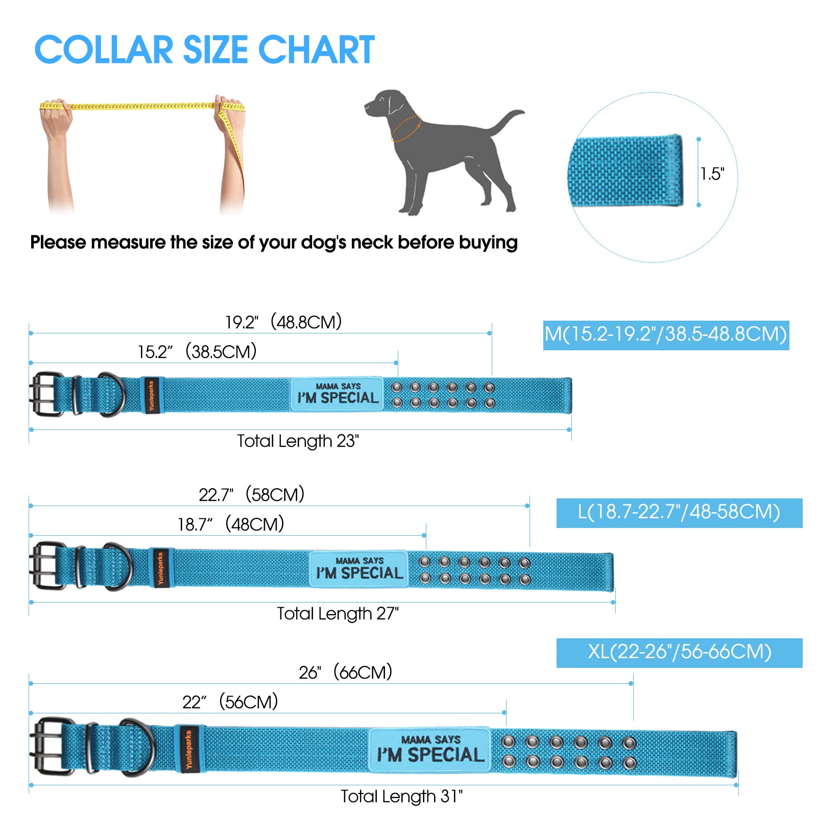 Yunleparks Tactical Collar For Medium Large Dogs, Heavy Duty Metal Buckle, Soft Neoprene Padded, Nylon Wide(Medium, Blue)