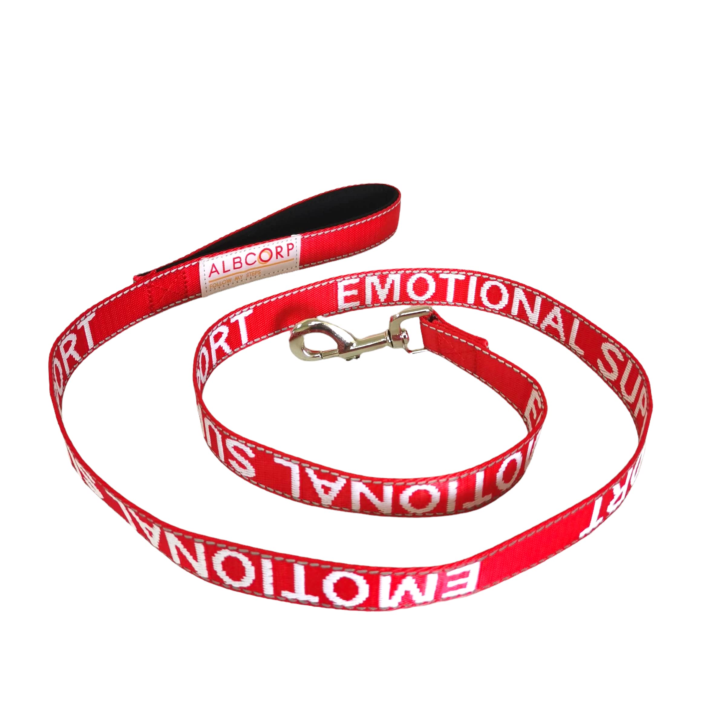 Albcorp Emotional Support Dog Leash - Embroidered- With Padded Neoprene Handle And Reflective Threads, 4 Feet, For Harnesses, Vests Or Collars, Red