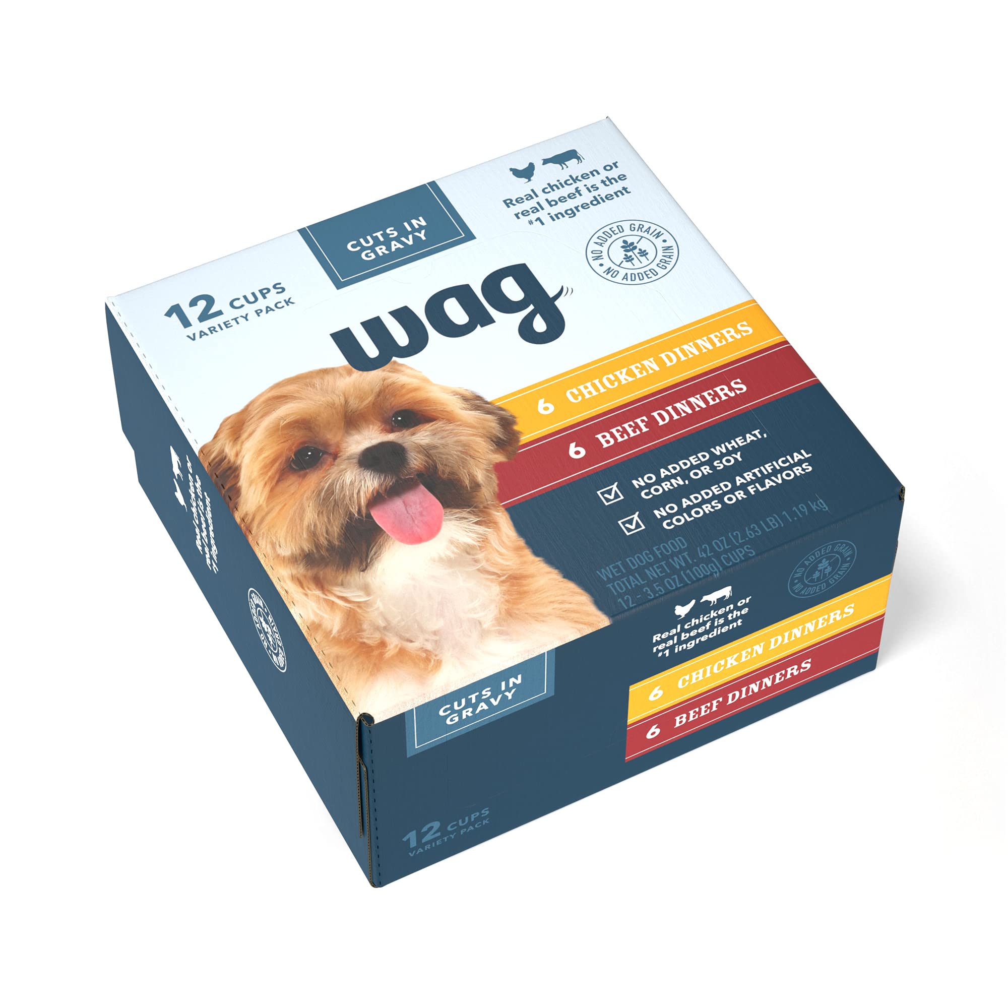 Amazon Brand - Wag Wet Dog Food Cups, Chicken & Beef in Gravy Variety Pack, 3.5oz, 12 pack
