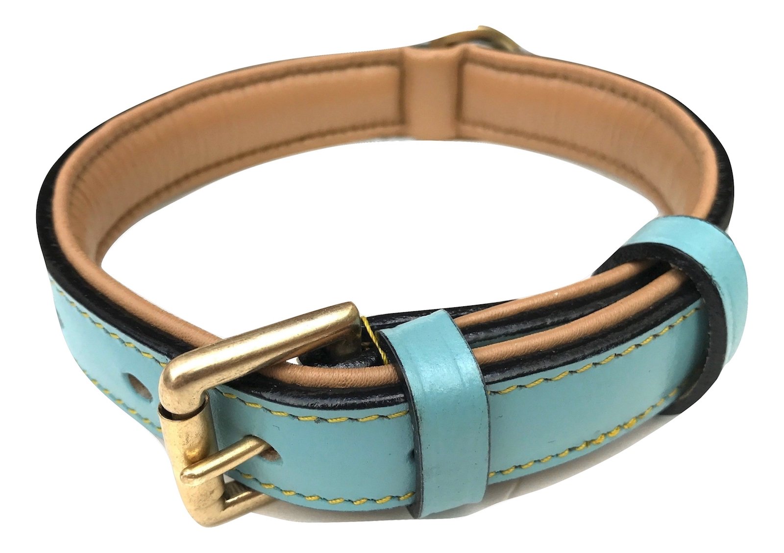 Soft Touch Collars Leather Dog Collar Padded, Turquoise With Beige Padding, Medium Size