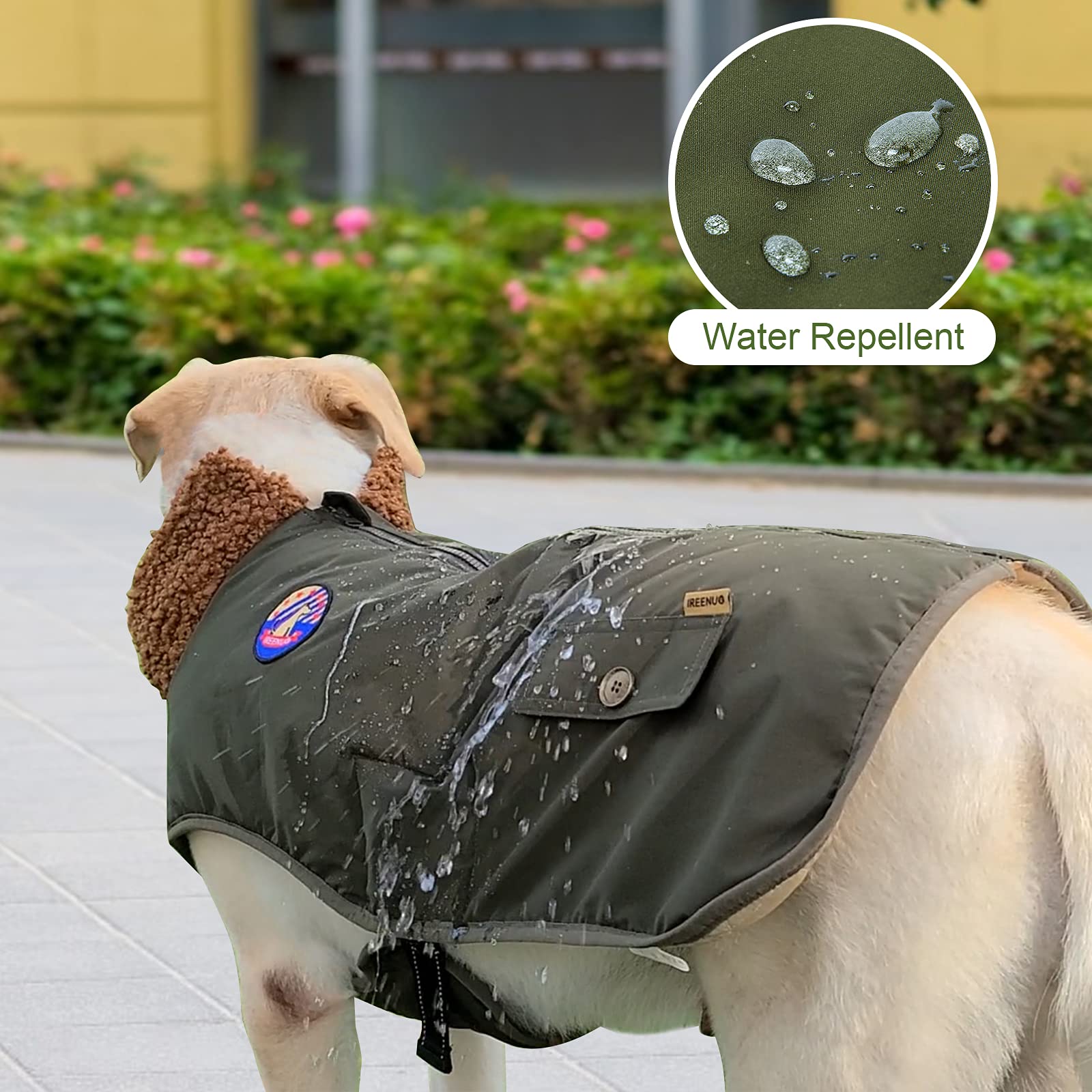 IREENUO Dog Coat - Waterproof Jacket for Medium Large Dogs, Cozy Cotton Fur Nylon, 3XL, Green, Model JX-DE-DOG FLIGHT SUIT