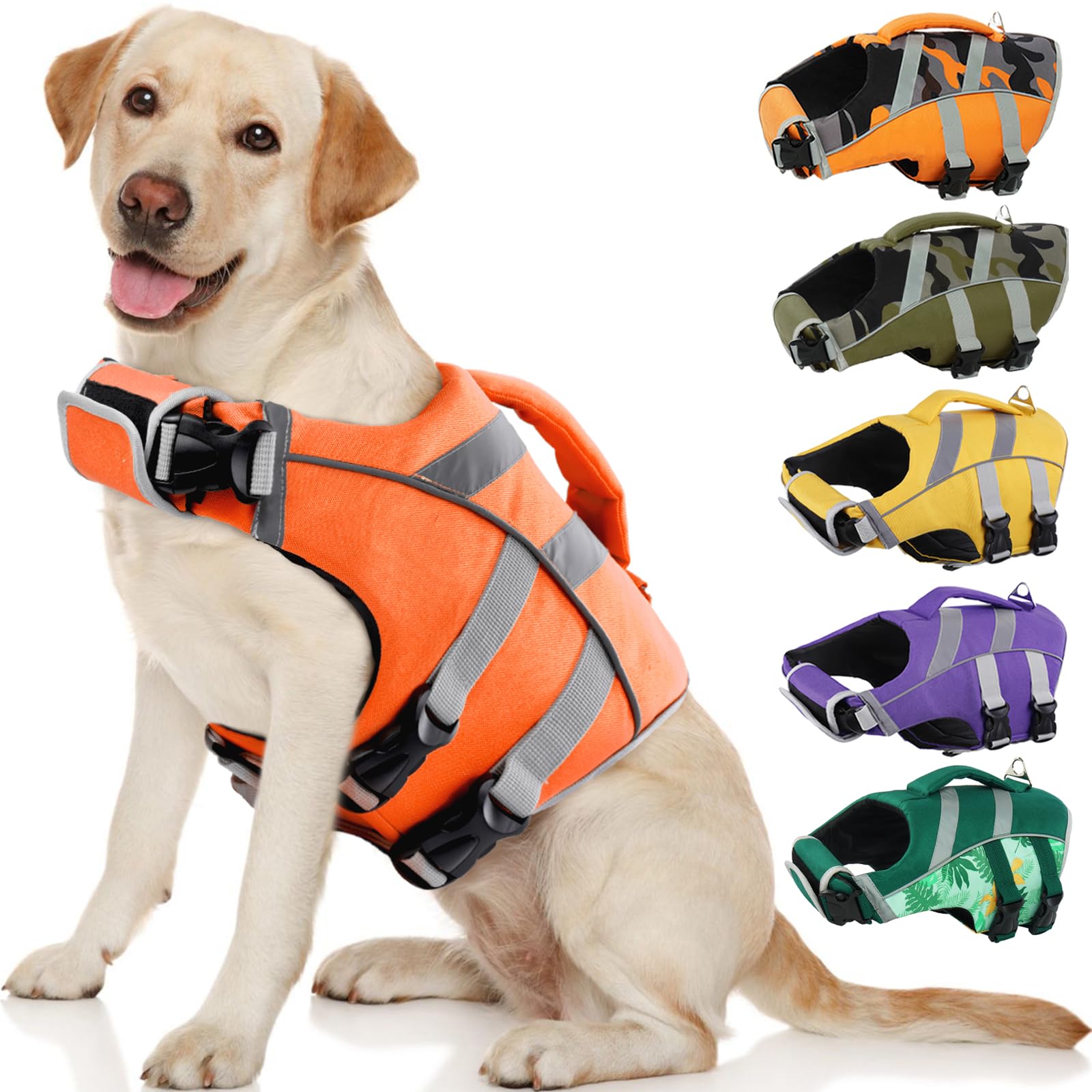 Kuoser Dog Life Jacket with Reflective Stripes, Adjustable High Visibility Dog Life Vest with High Flotation Swimsuit for Small 
