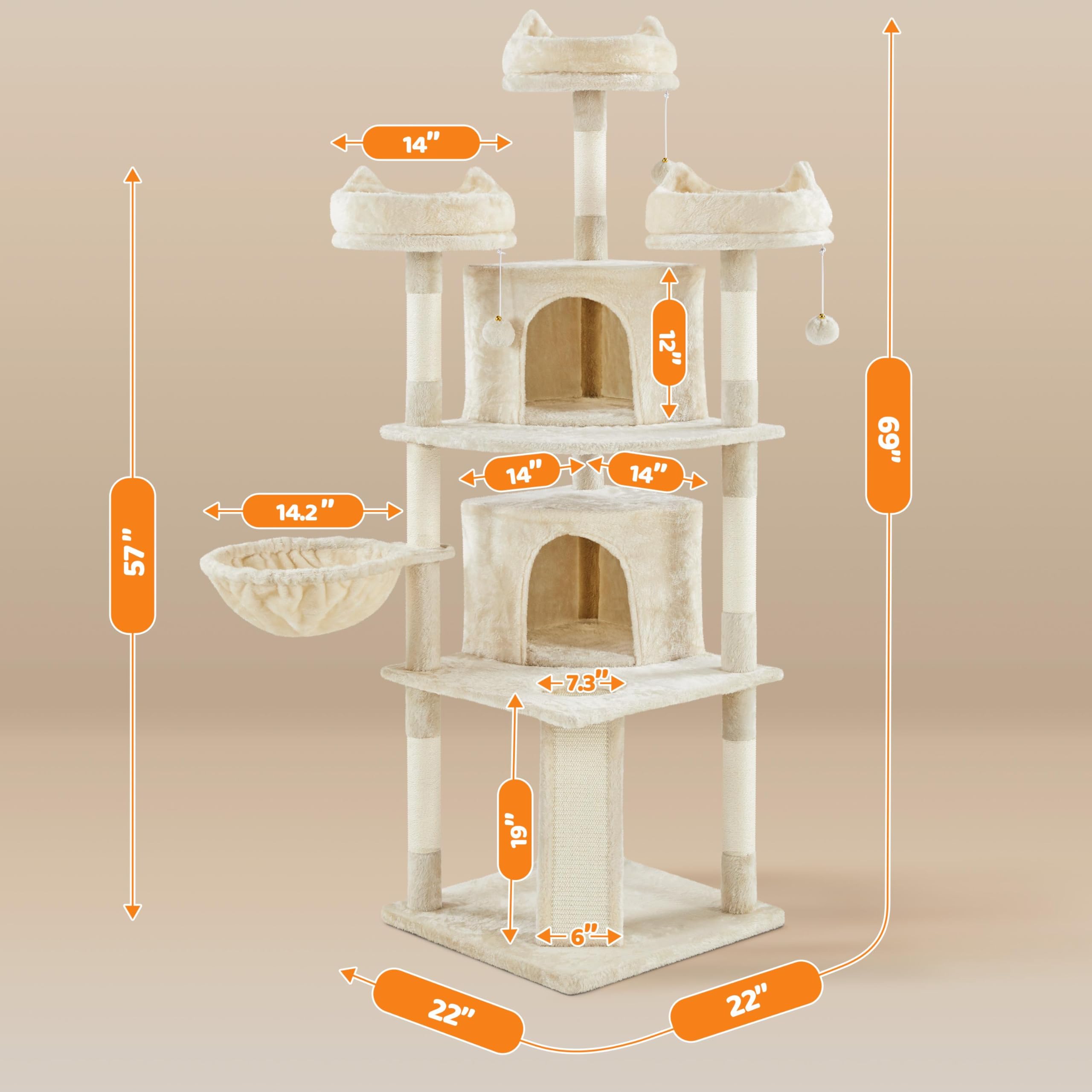 Yaheetech Cat Tree Cat Tower, Multilevel Cat Condo With Sisal Scratching Post As Indoor Cats Play House, Beige, 68.5In