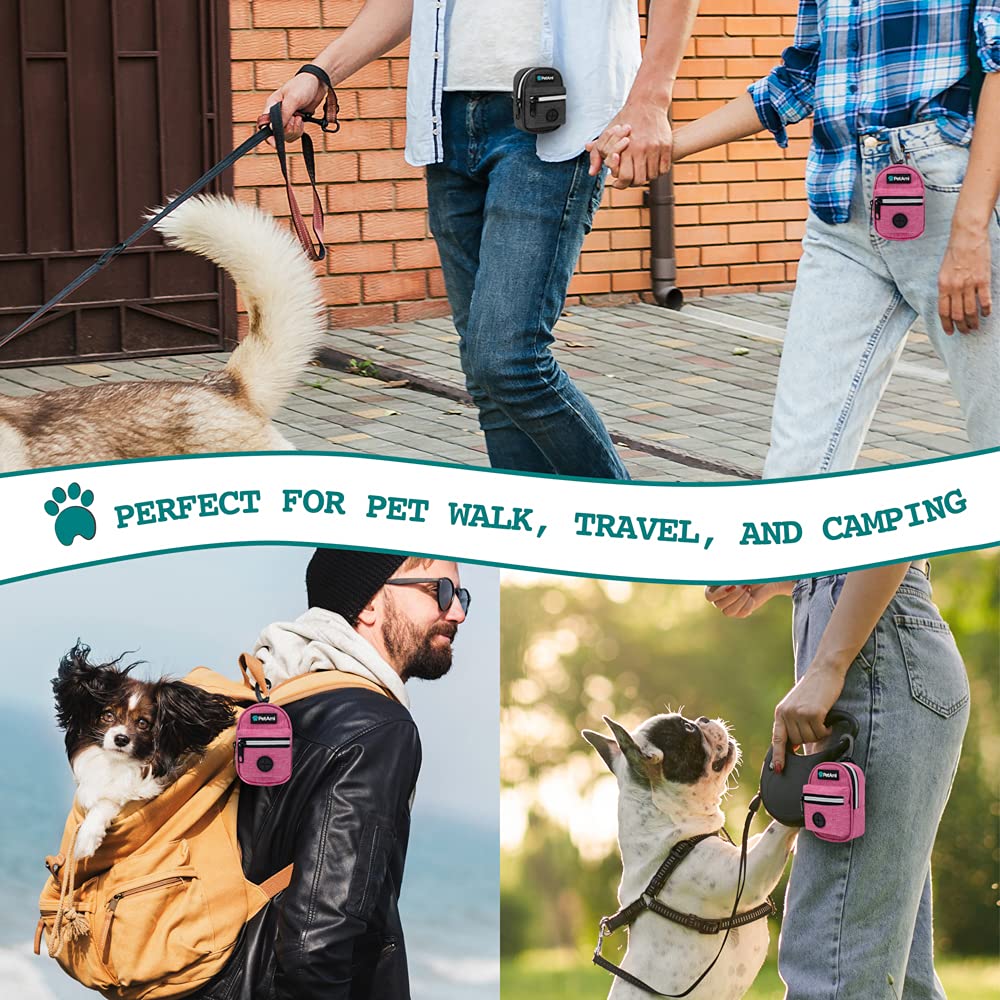 Petami Dog Poop Bag Holder | Dog Waste Bag Dispenser With Clip For Leash And Belt | Portable Fabric Doggy Waste Bag Holder For Walking Hiking Running Travel - With One Roll Of Dog Bag (Heather Pink)