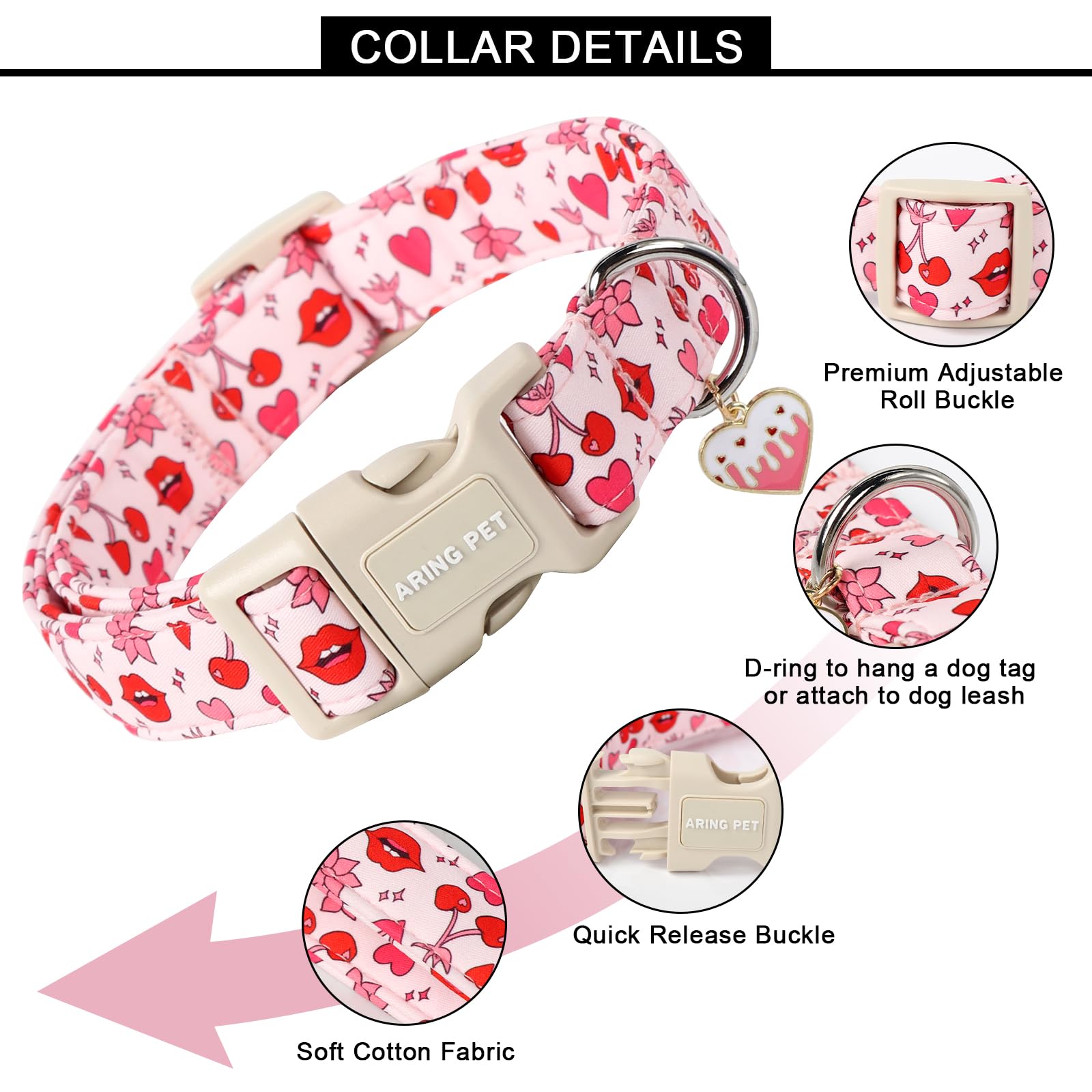 Aring Pet Valentine'S Dog Collar-Cute Pink Heart Dog Collars, Adjustable Valentine Lips Pet Collars Puppy Collar With Quick Rele