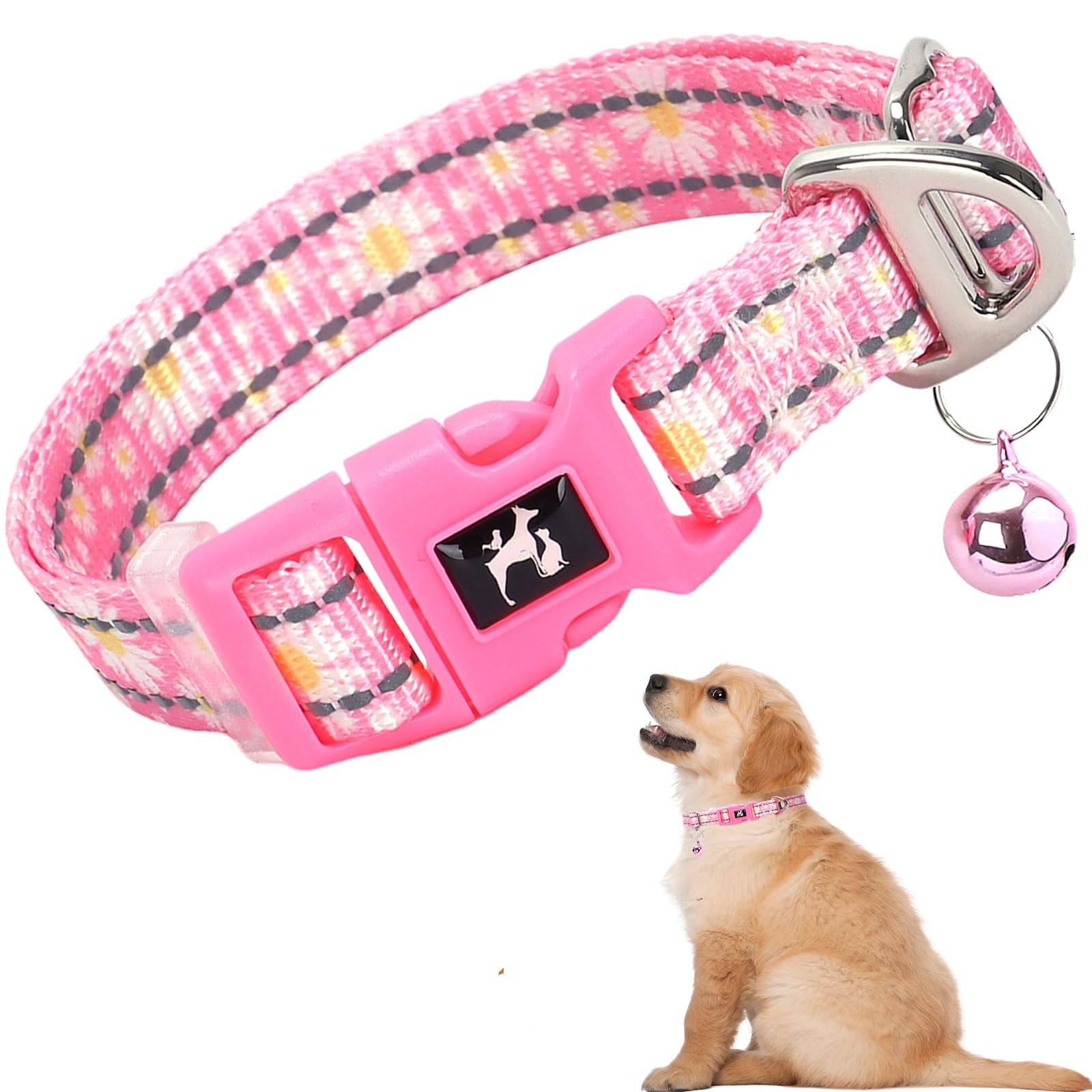 Small Dog Collar With Bell - Cute Pink Daisy Design Reflective Nylon For Puppy Collar,Adjustable & Durable For Puppies, Night Sa