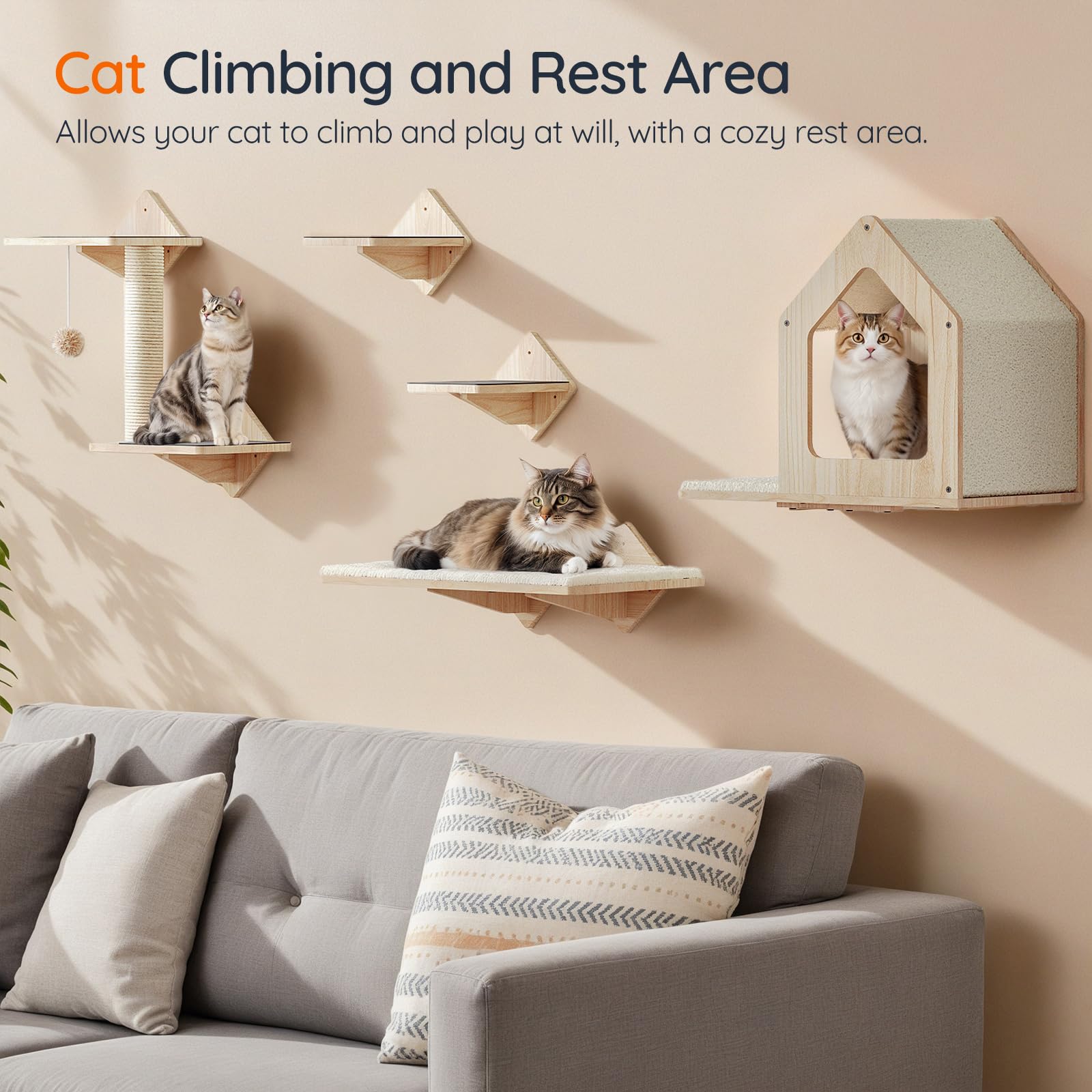 HOOBRO Cat Wall Shelves Set of 5, Natural Pine Wood, 17.3"x13.4"x7.5", Includes Steps, House & Scratching Post, Model NL43