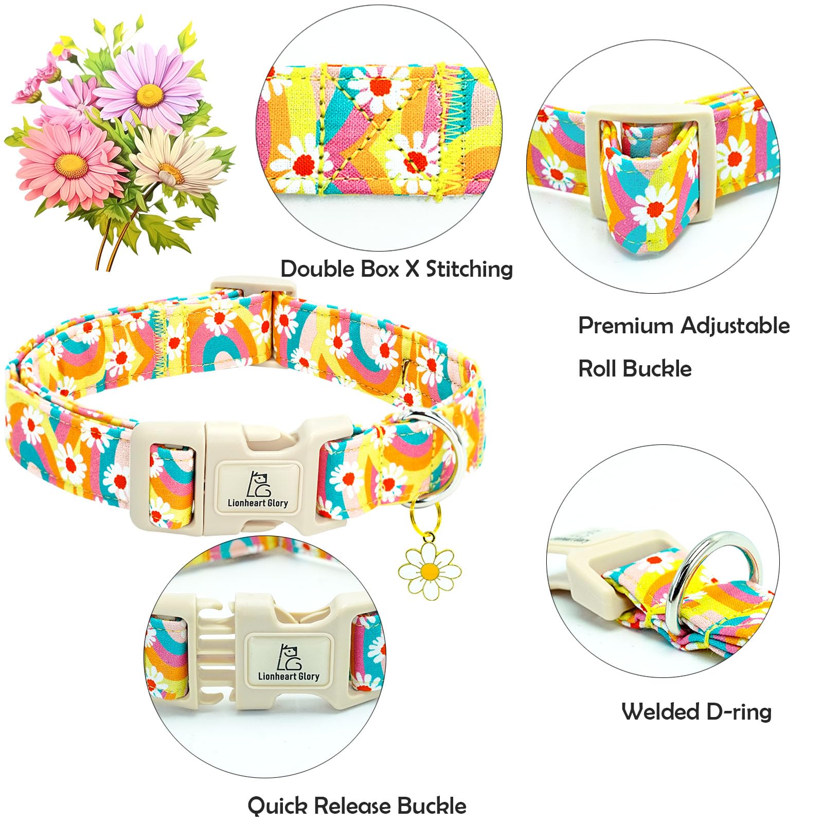 Lionheart Glory Dog Collar-Sunflower Pattern Dog Collar Cute Colorful Dog Collars Heavy Duty Adjustable Collars For Large Dogs P