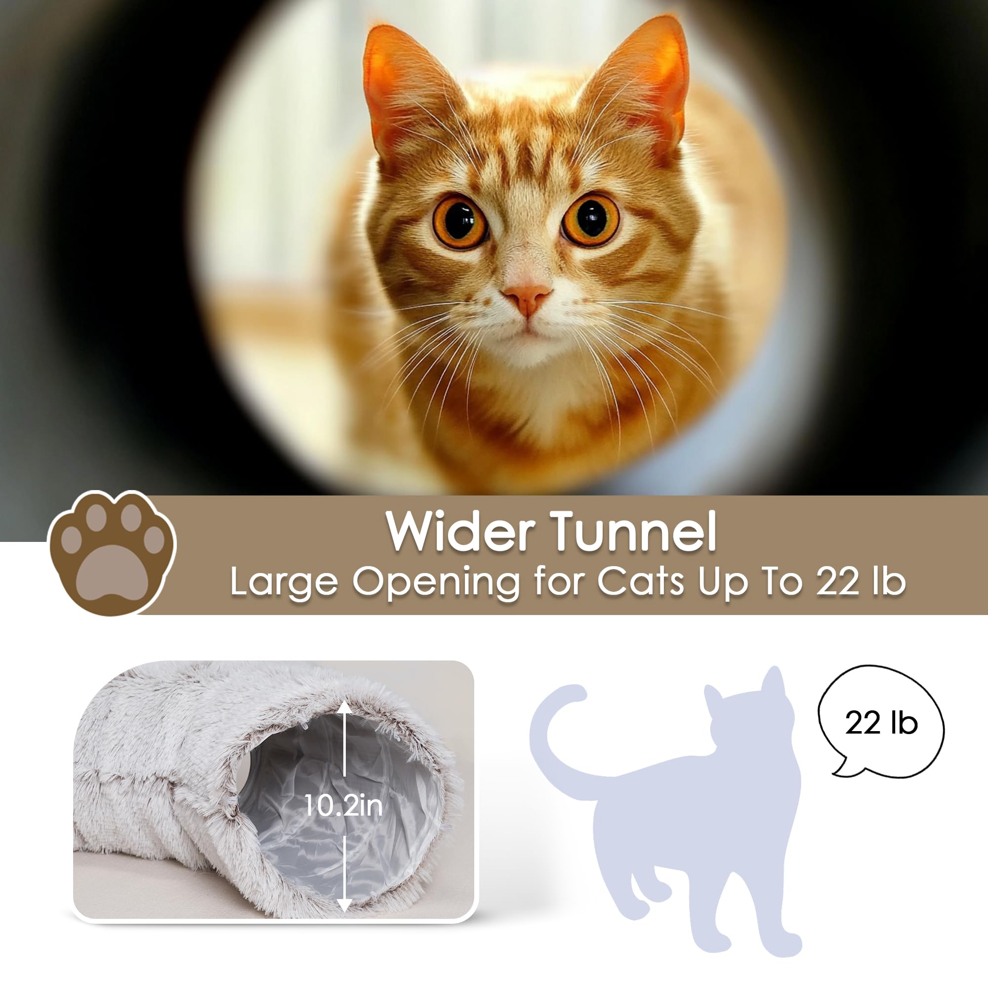 Cat Tunnel Bed For Indoor Cats, Peekaboo Cat Cave With Washable Soft Play Mat, Furry Cat Tube, For Kitten/Puppy/Rabbit, Brown