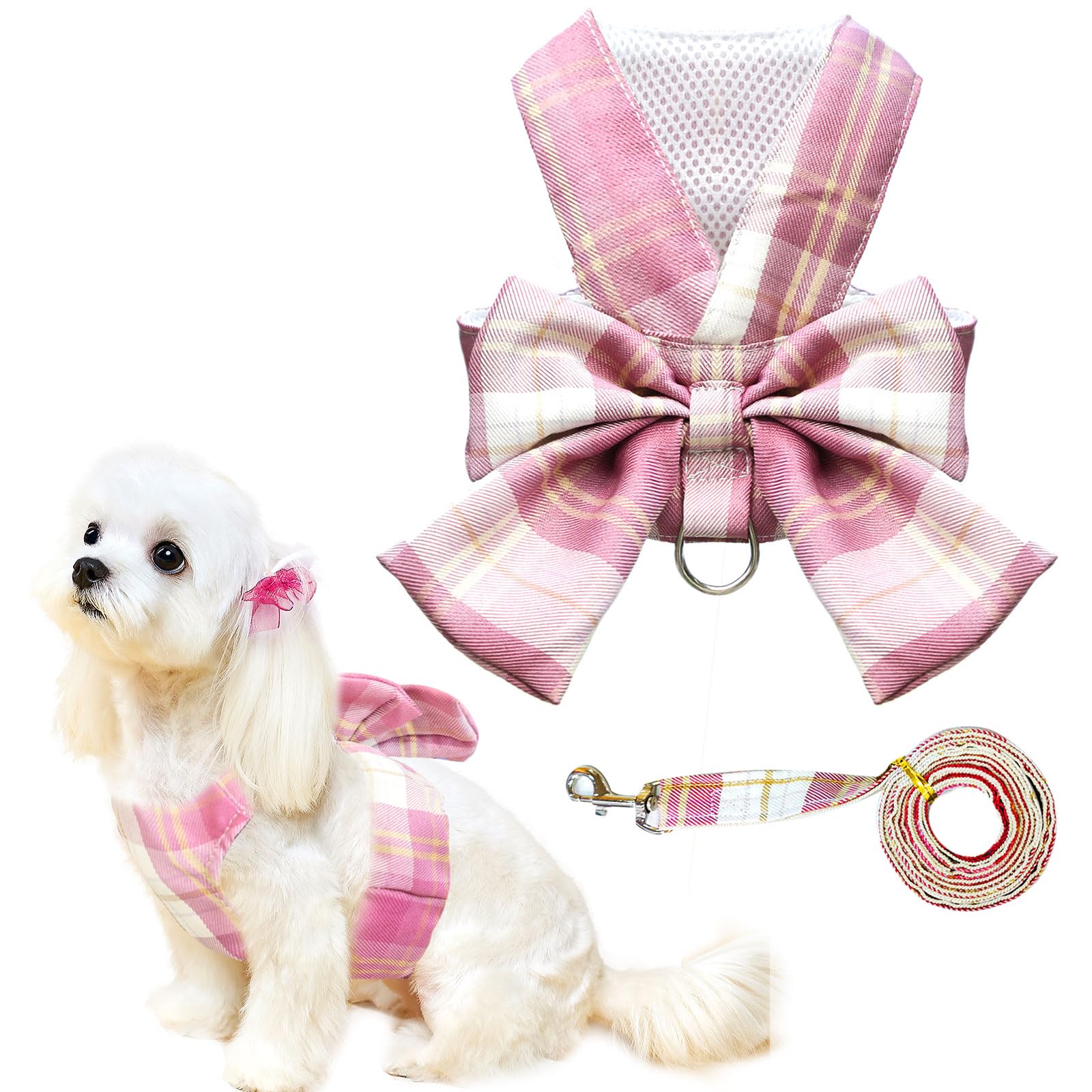 Uetzltb Cute Dog Harness And Leash Set With Bow Tie Soft Mesh Plaid Girl Puppy Harness No Pull Pet Cat Dog Vest Harness For Smal