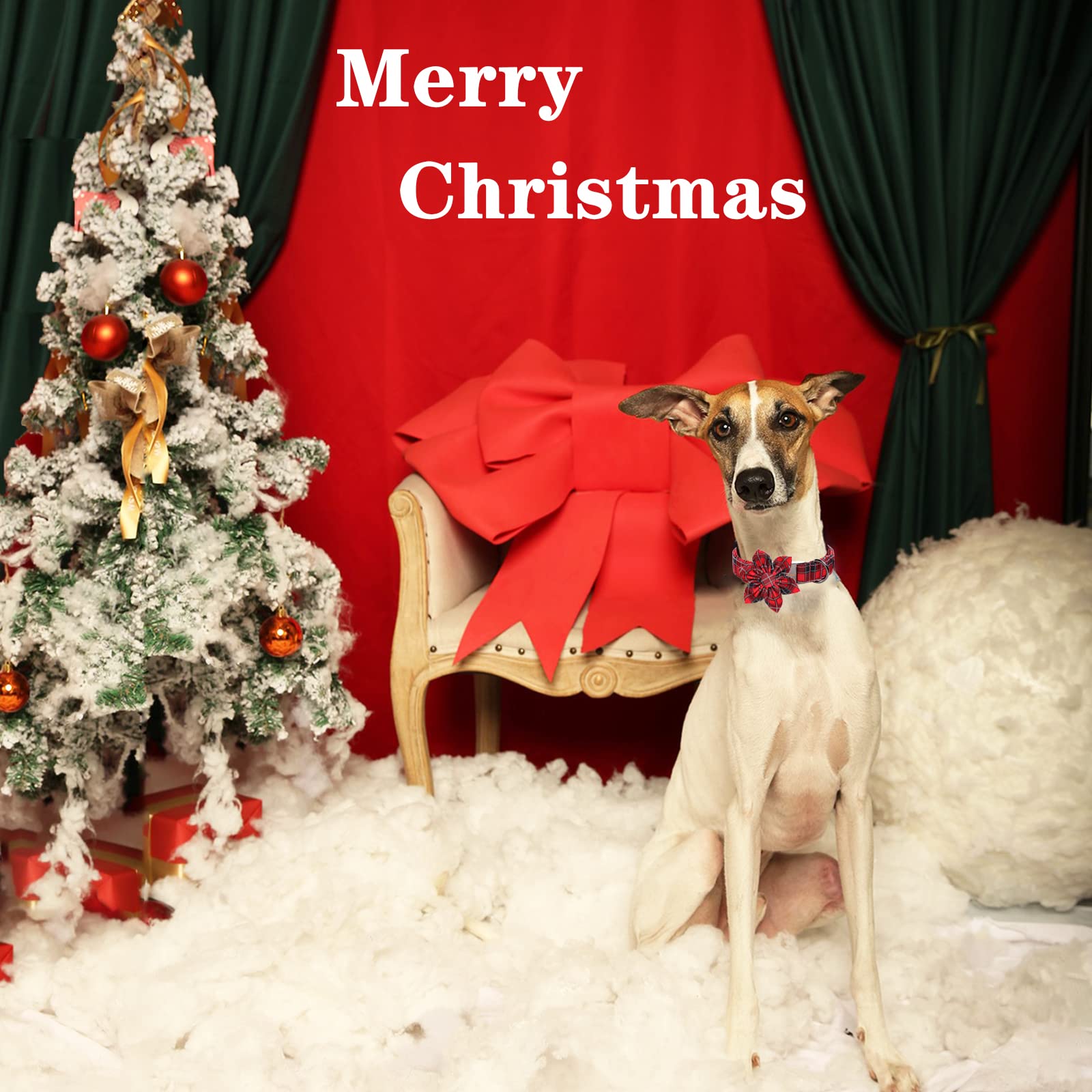 Unique Style Paws Christmas Dog Collar With Flower Tie Red Black Grid Cotton Collar Adjustable Puppy Plaid Collar For Small Medium Large Dogs-S