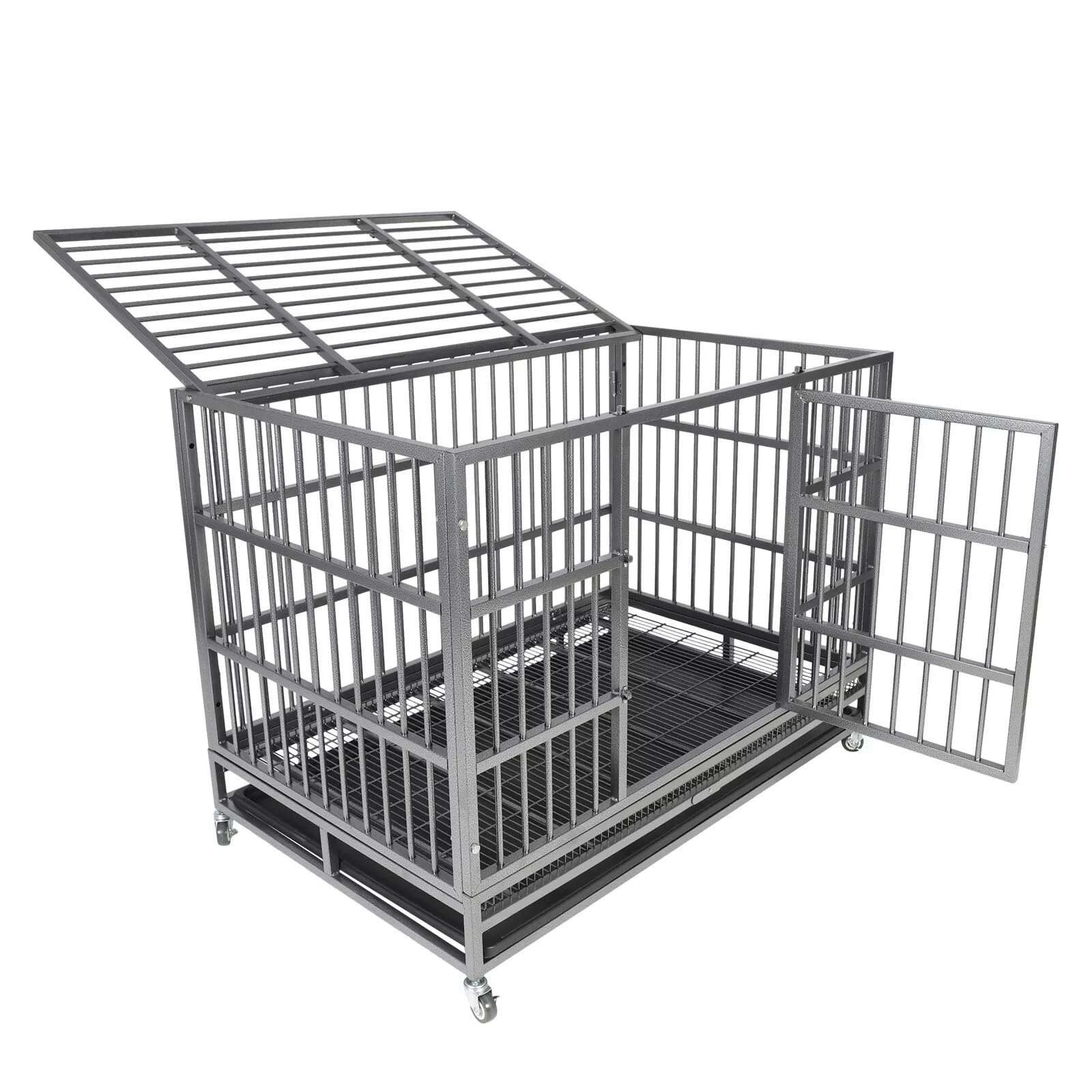 Indestructible Dog Crate Cage Kennel, 47 Inches, High Anxiety Dog Crate With Removable Trays, Wheels And Double Door, For Medium