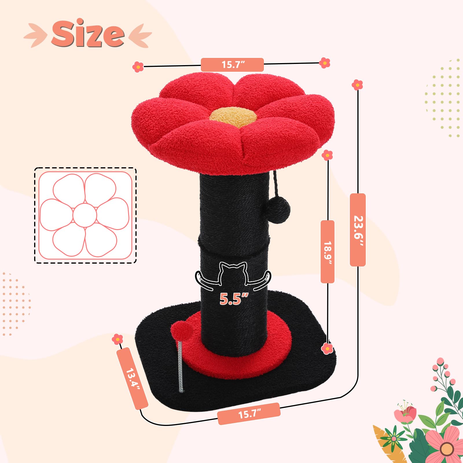 Pequlti Flower Cat Scratching Post, Gothic Cat Tree, Tall Scratcher For Indoor Cats With Super Thick Scratching Post [Dia=5.5'']