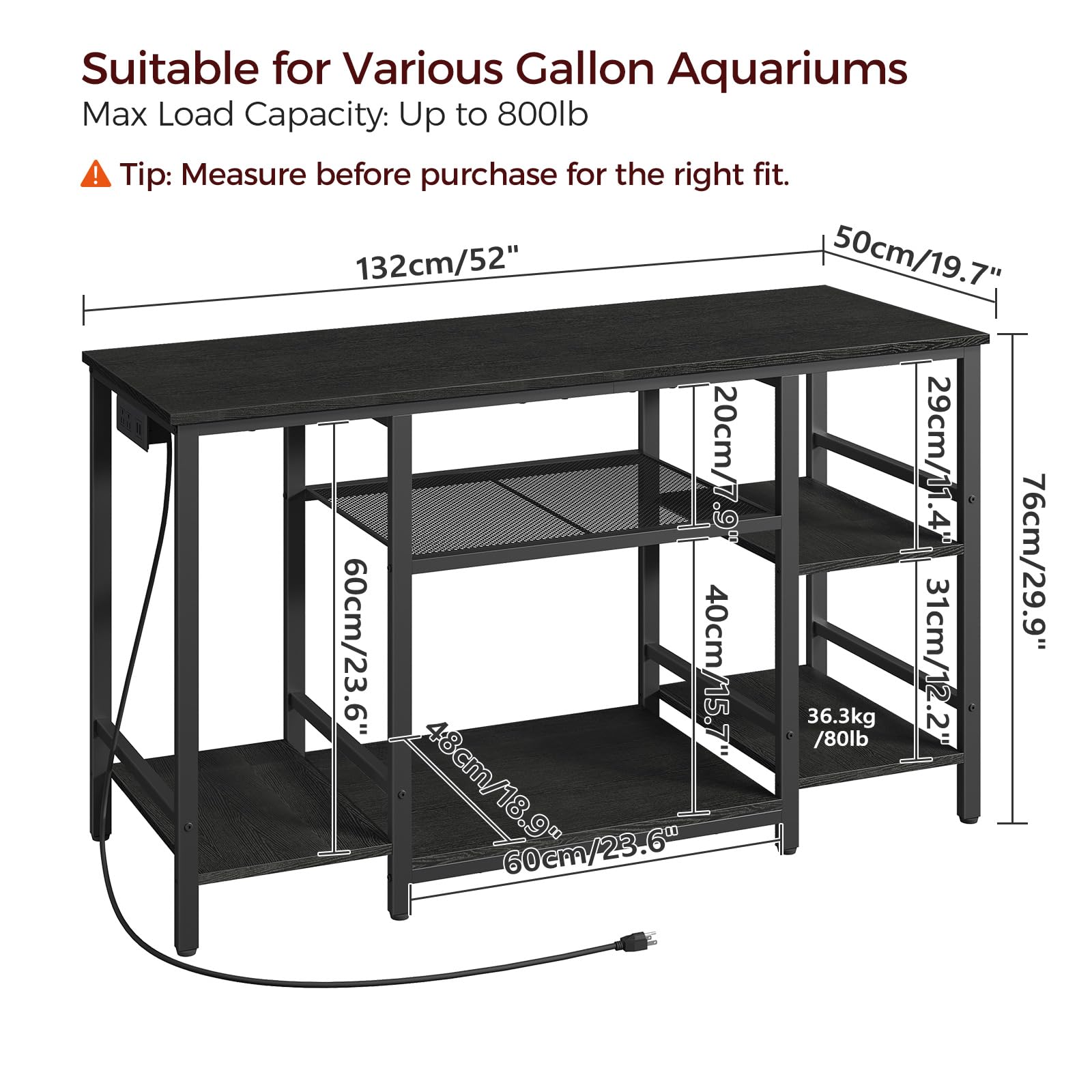 MAHANCRIS 55-75 Gallon Fish Tank Stand, 3-Tier Metal Frame, 800 LBS Capacity, 52" L x 19.7" W x 29