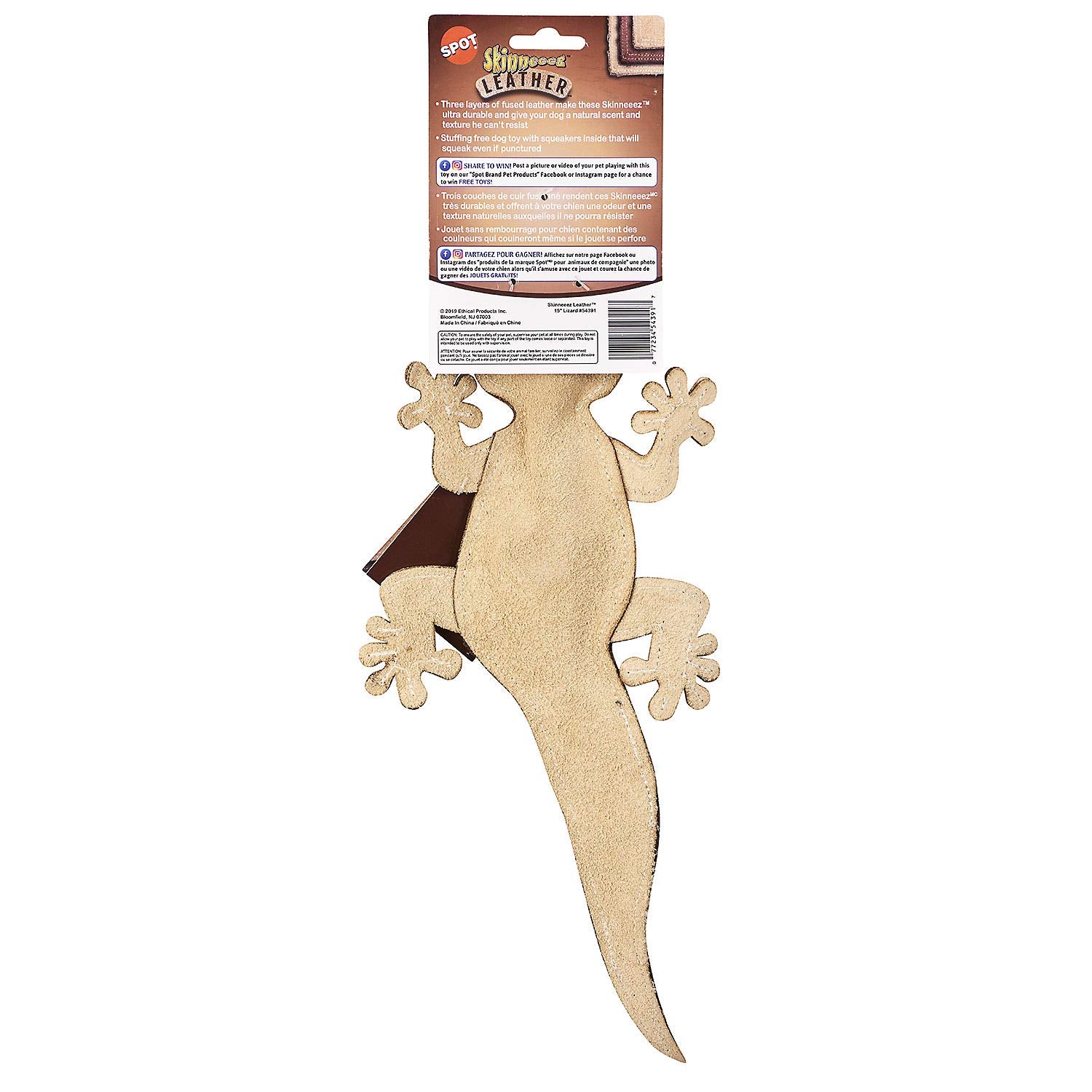 Spot Skinneeez Leather Lizard - Stuffing Free Dog Toy Made From Real Leather With 2 Squeakers, Mess Free Design For Strong Chewers, Tug Toy For Medium Dogs And Puppies - 15In
