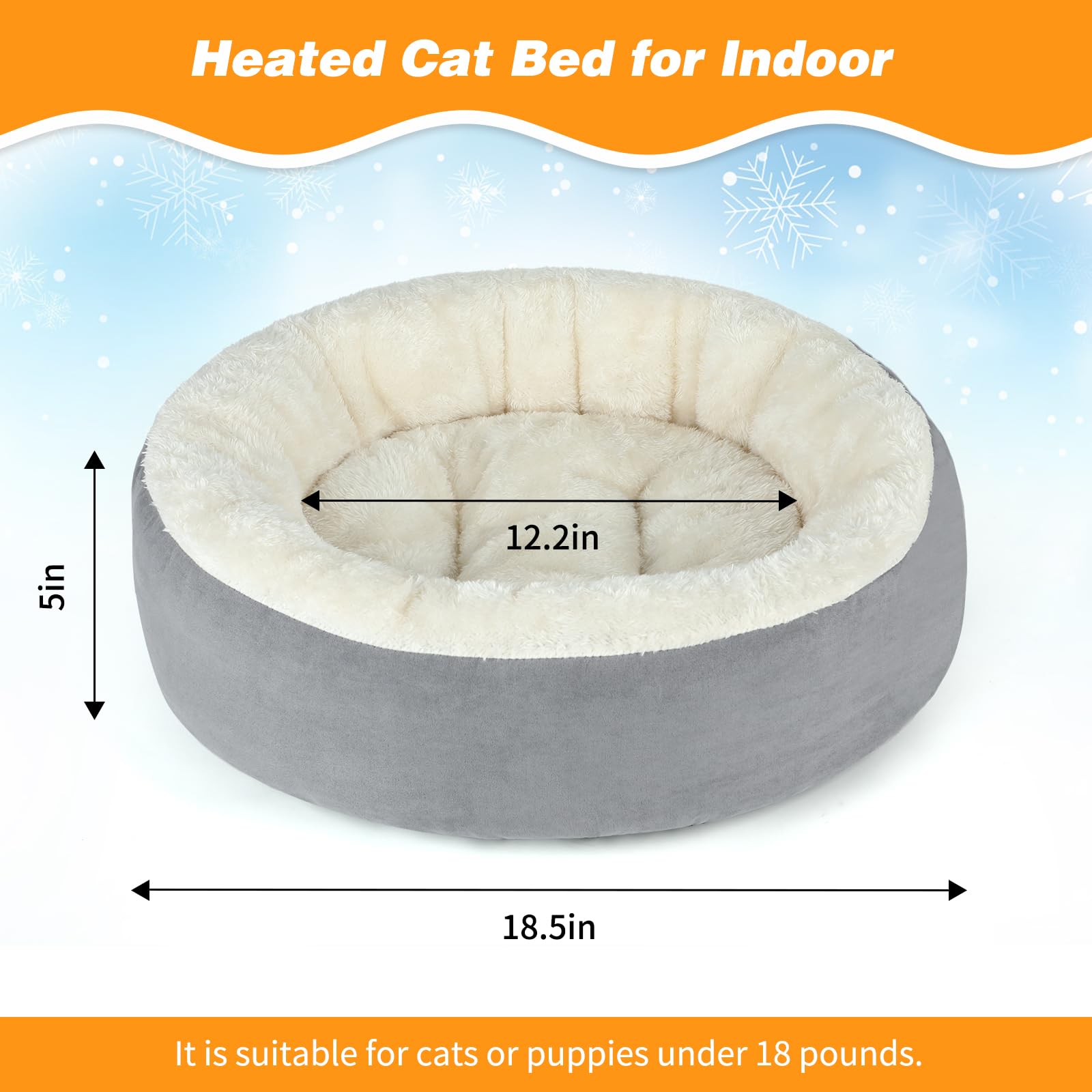 Bwogue Heated Cat Bed For Indoor Cats,19' Donut Detachable Heated Pet Bed Thermo-Kitty Heating Bed,Electric Warming Cat Bed Hea