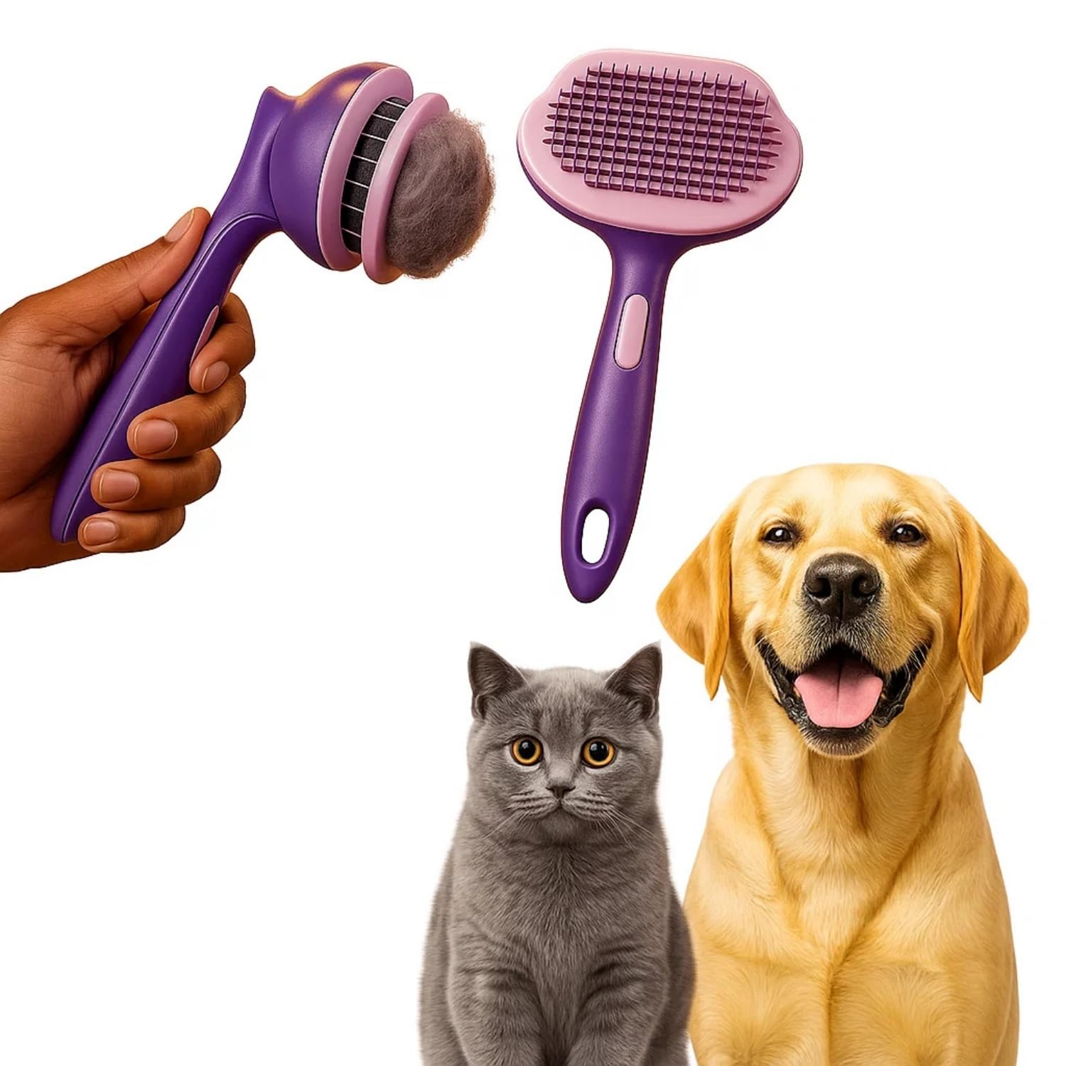 Wiggleboo Self Cleaning Pet Grooming Bathing Comb Brush For Dogs & Cats  Click Button Hair Remover Slicker Brush With Stainless