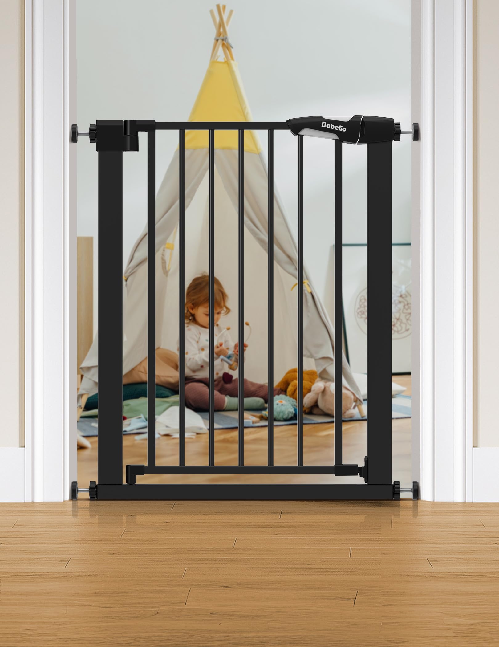 BABELIO 26-28.5 Inch Narrow Easy Install Baby Gate, Auto-Close Pet Gate for Small Stairs and Doorways, NO Drilling Pressure Moun