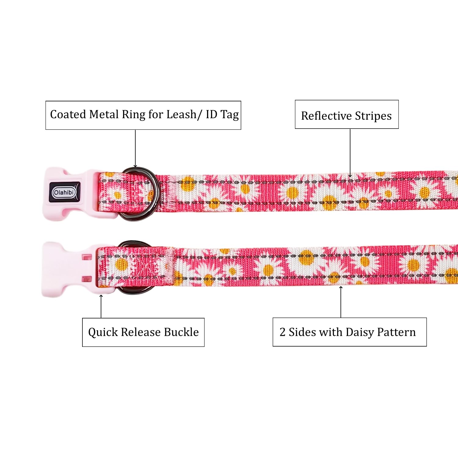 Olahibi Floral Pattern Dog Collar, Pretty Daisy Print, Durable Nylon With Reflective Stripes, Adjustable Length, For Puppy Dogs.