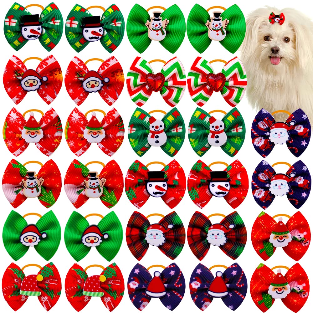 Masue Pets 20Pcs/Pack Dog Hair Bows For Christmas With Rubber Bands Dog Bows Bowknot Snowman Snowflakes Christmas Dog Bows Snowman Dog Topknot Bows Pet Grooming Products
