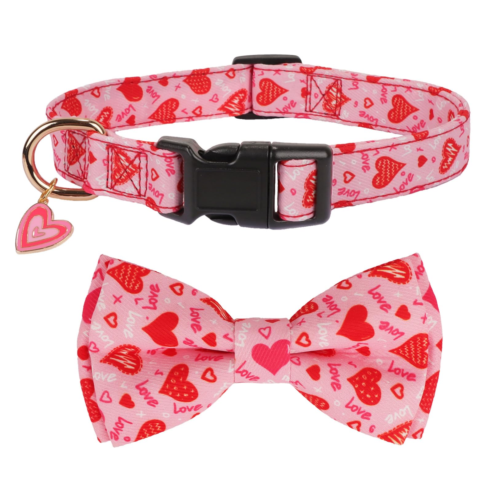 Ptdecor Valentine Dog Collar With Bowtie Adjustable Pink Love Heart Pet Collars Valentine Collars For Small Dogs Pets (Small)