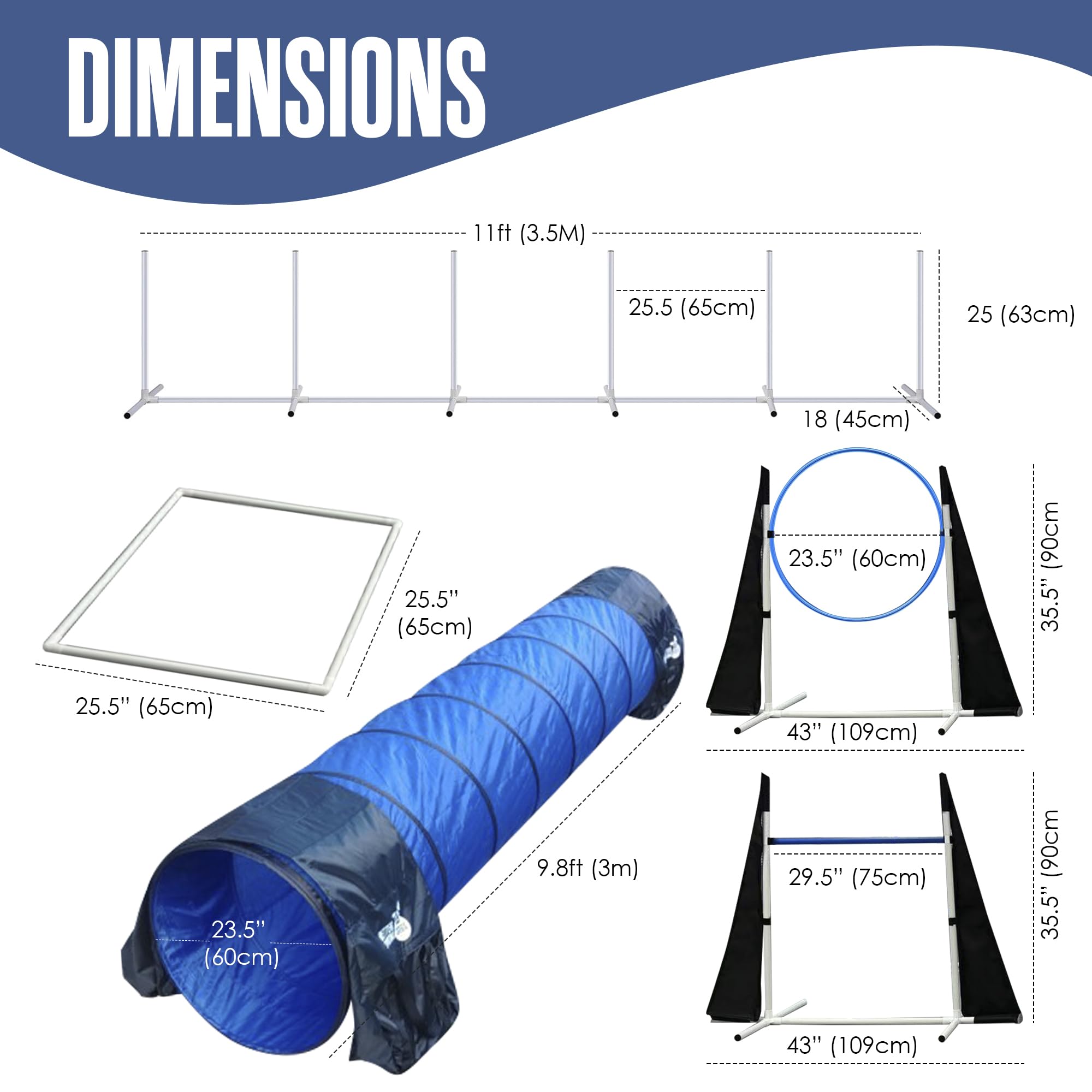 Houseables Dog Agility Course Set - Adjustable Height, Blue/White/Black, Includes Play Tunnel, Weave Poles, Jumps, Model 05PC