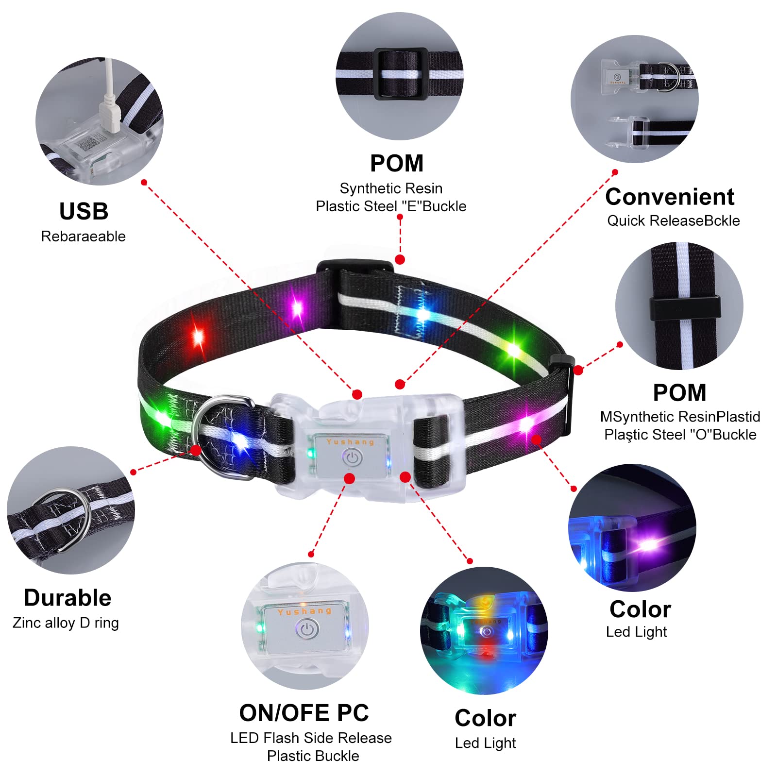 YUSHANG LED Dog Collar 2 Pack, Rechargeable Waterproof, 11-18.1" Neck, Polyester, Rose+Black, Model YS20220920