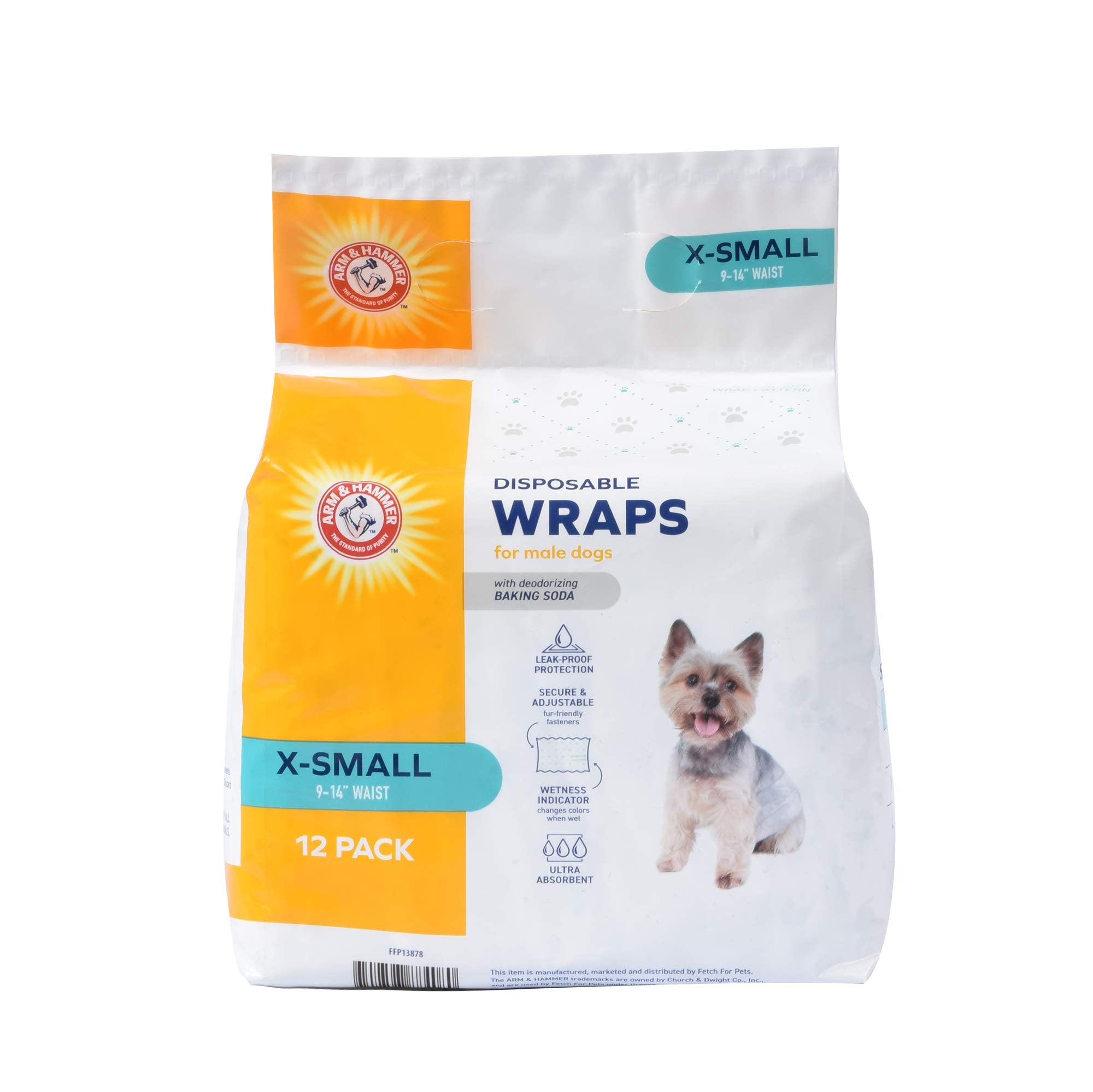 Arm & Hammer for Pets Male Dog Wraps, X-Small 12ct | Super Absorbent Dog Wraps for Male Dogs | Arm & Hammer Baking Soda Enhanced