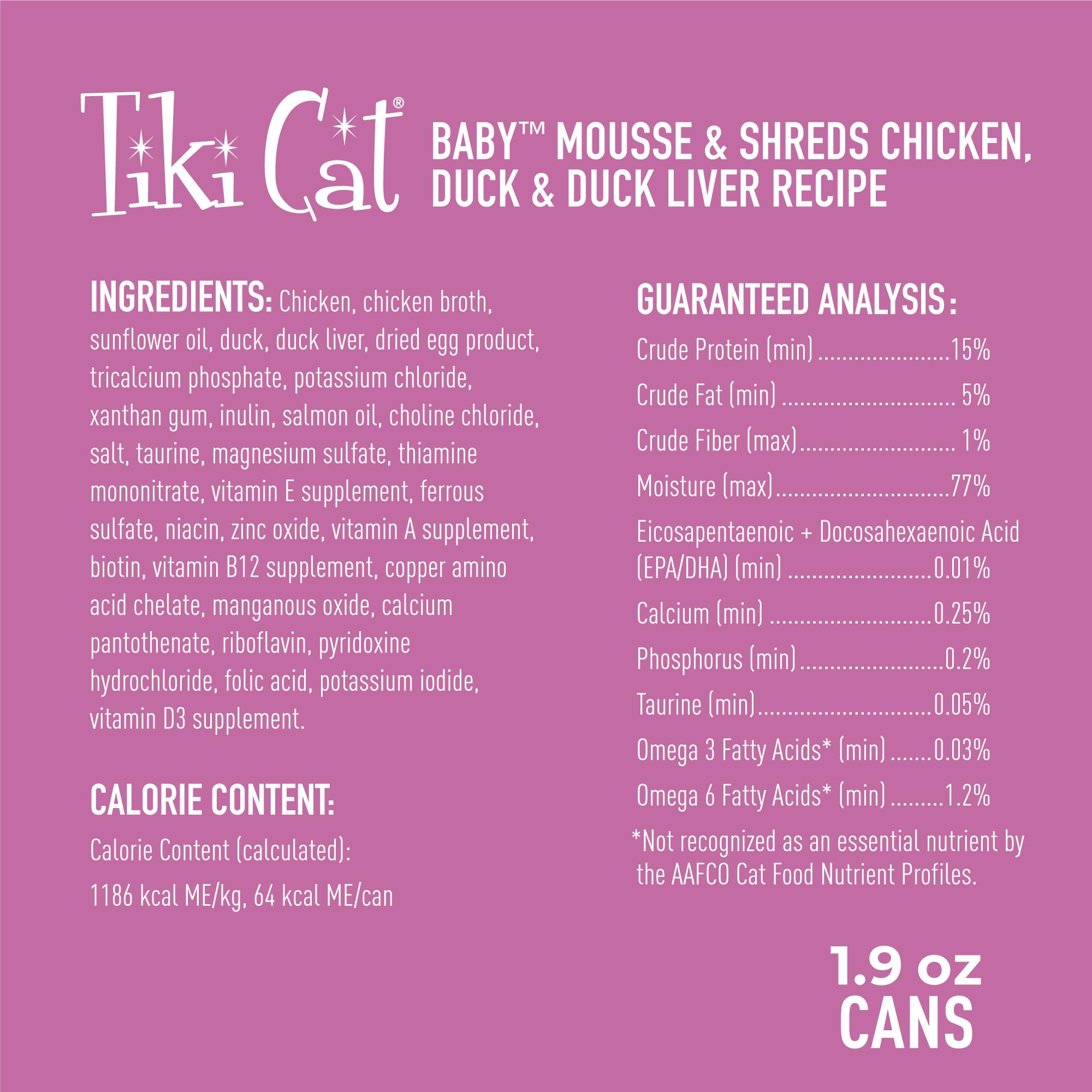 Tiki Cat Baby, Chicken Duck & Duck Liver Mousse & Shreds, High-Protein and Flavorful, Wet Cat Food for Kittens 4 Weeks Plus, 1.9